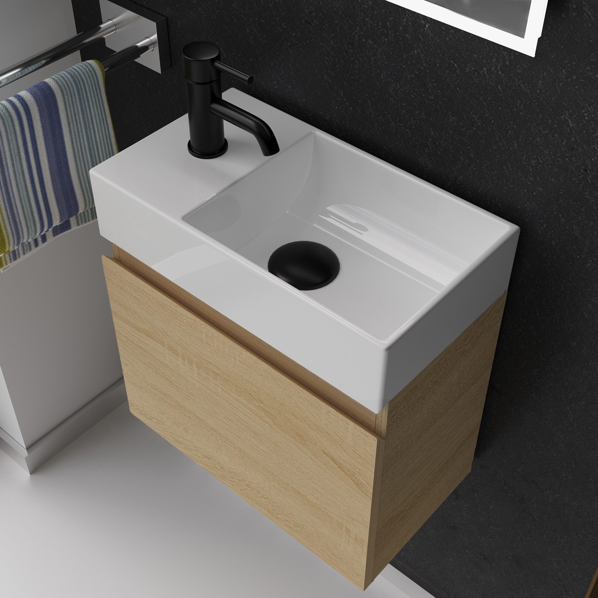 Alpenberger Badmöbel-Set - Waschbecken mit Unterschrank - Badschrank Komplett Vormontiert, (2-tlg., Vormontierter Hängeschrank Klein), Waschtisch pflegeleicht - grifflose Schranktür mit Softclose