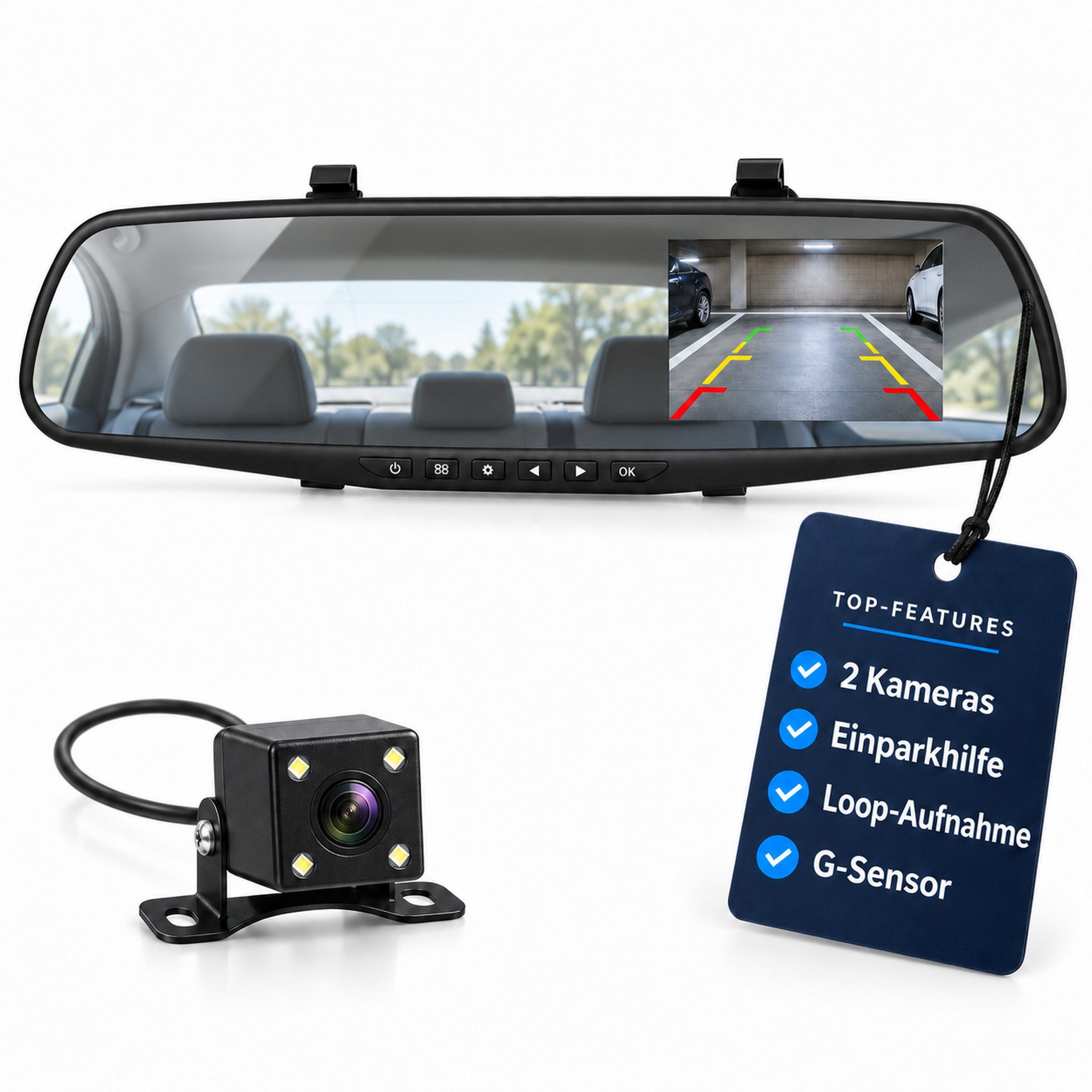 HS.SUPPLY Spiegel-Dashcam mit Rückfahrkamera, 3,5-Zoll-Display & G-Sensor Dashcam (Spiegel-Dashcam mit Rückfahrkamera und Montagezubehör, Frontkamera, Rückfahrkamera, Einparkhilfe, Bewegungserkennung)