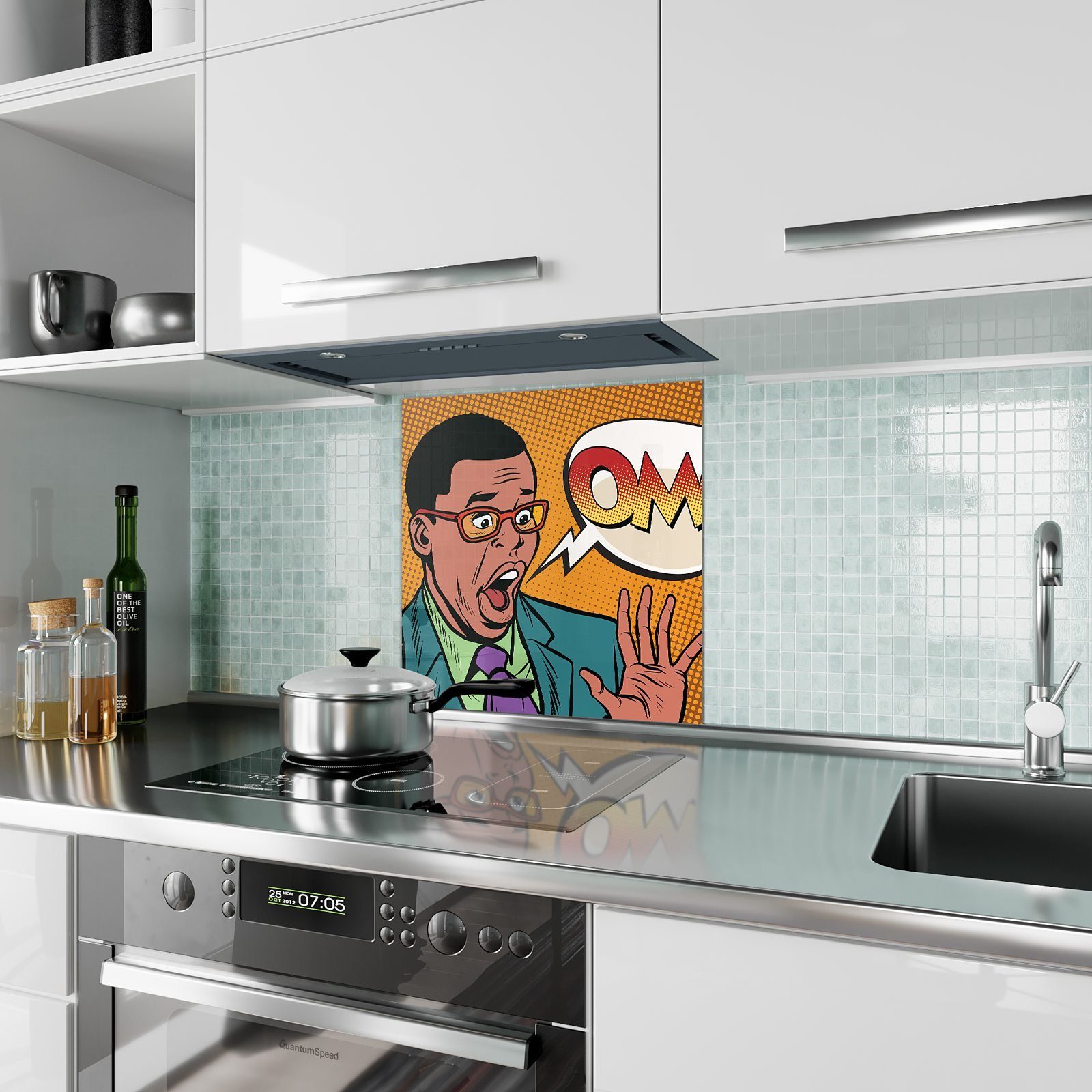 Motiv Spritzschutz schreit etwas Glas Küchenrückwand Primedeco Küchenrückwand mit Mann