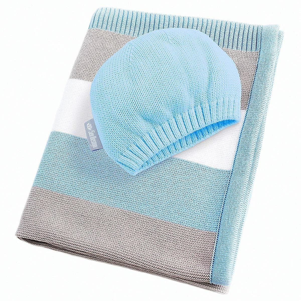 Babydecke Kuscheldecke 90x70 cm aus 100% BIO Baumwolle Streifen Blau, SEI Design, inkl. Mütze + Geschenkverpackung