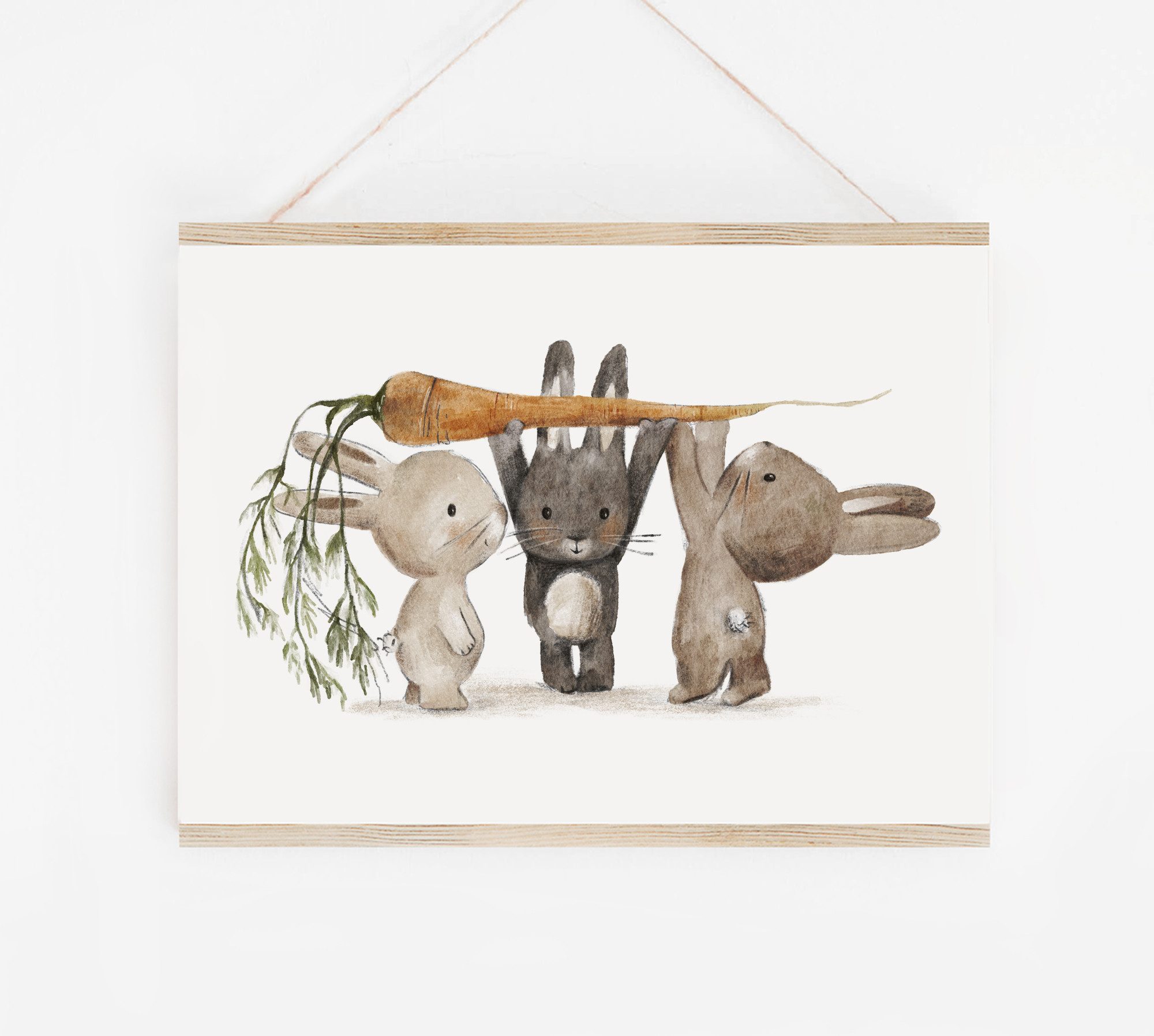 Pipapier Poster Kinderposter "Hasen mit Möhre", Kinderzimmerbild, Ostern, Hasenbild, Kinderzimmerbild mit lustigen Tieren