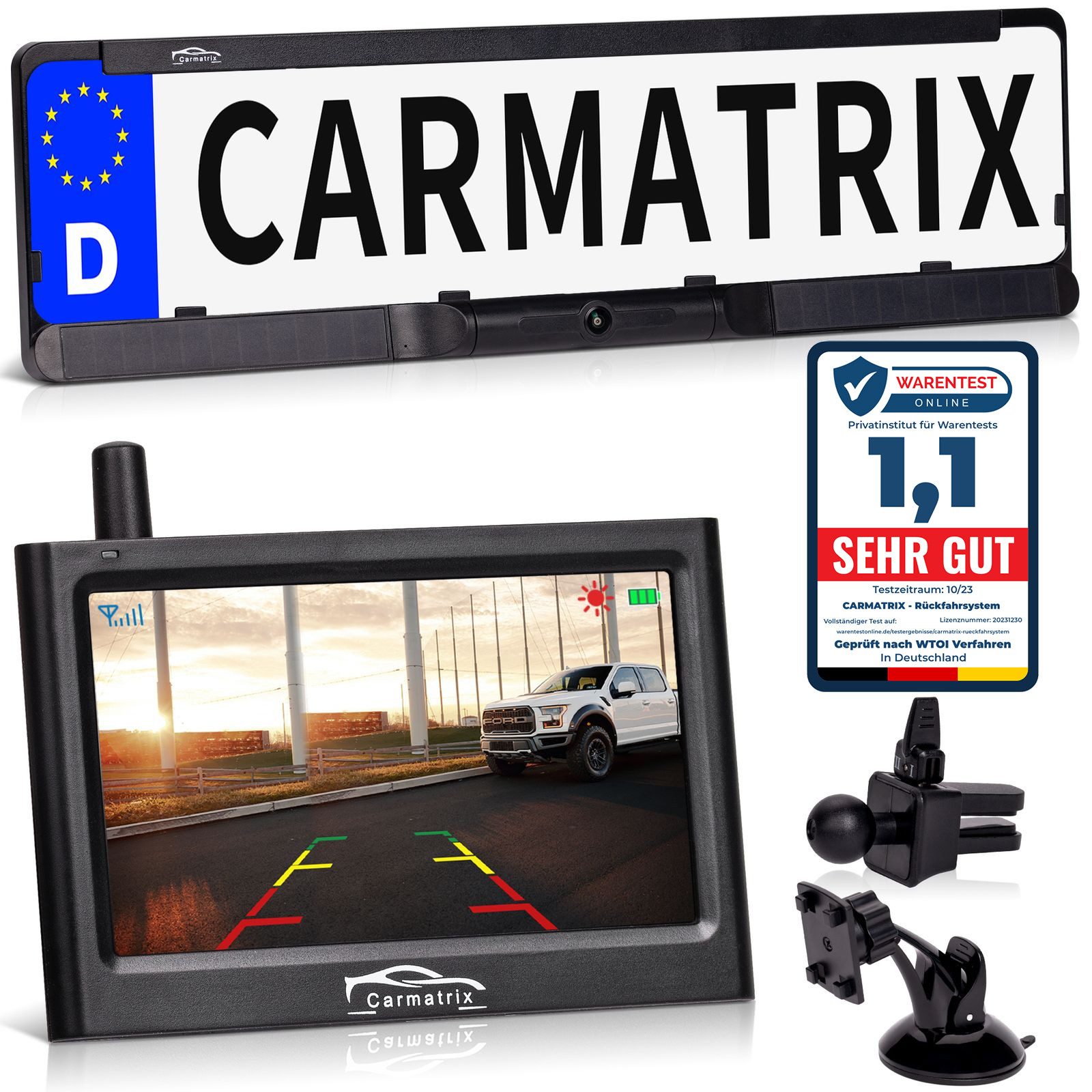 CARMATRIX Solar 1 Rückfahrkamera (Solar Funk Video Rückfahrsystem im Nummernschild Kennzeichenhalter, Rückfahrkamera Solarpanel Akku Digital kabellos ohne Bohren)