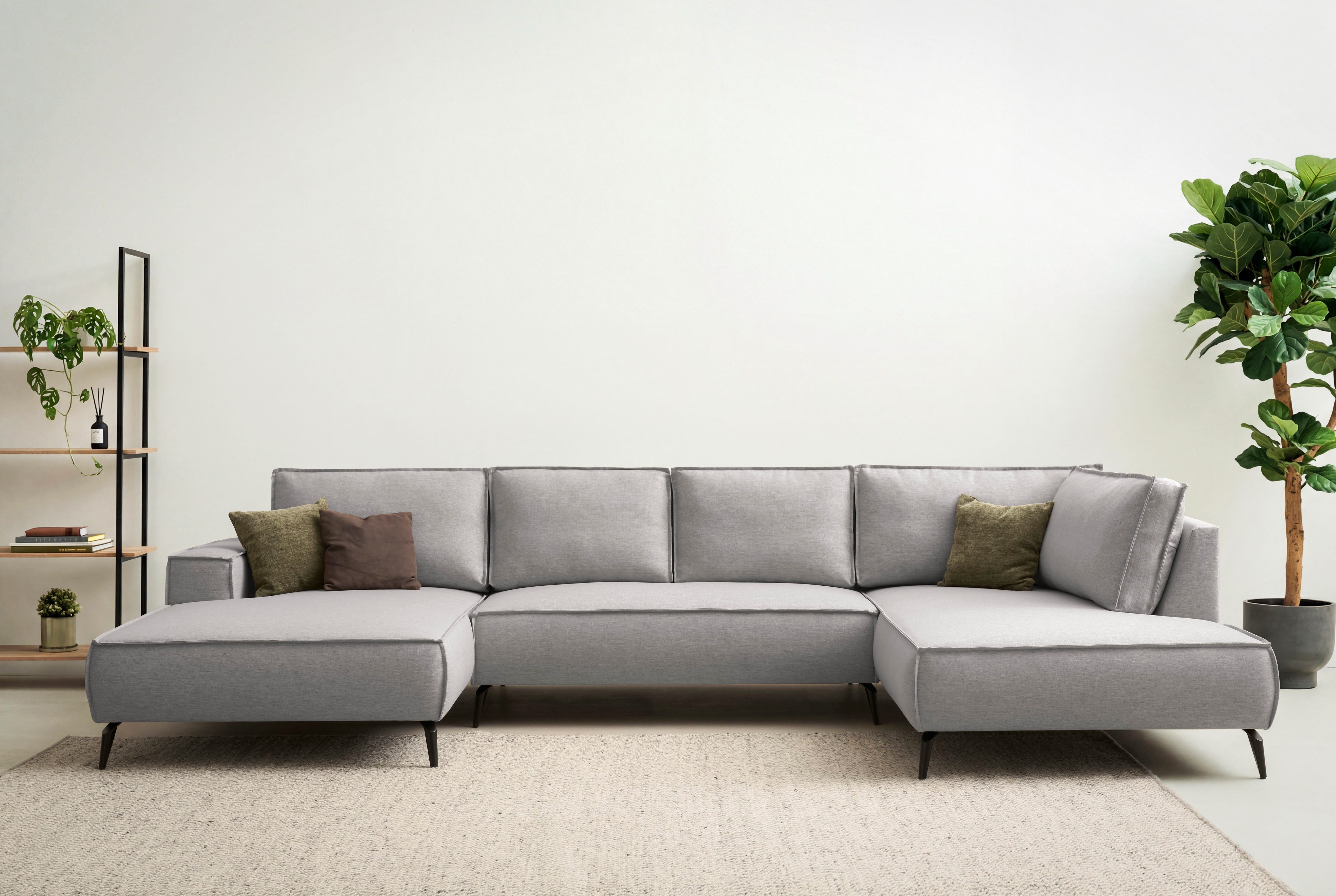 Home affaire Wohnlandschaft TVINNU, moderne U-Form, Couch in Cord oder Webstoff in Leinenoptik, Recamiere rechts/links, schwarze Metallfüße, bequeme Sitz-/Liegefläche