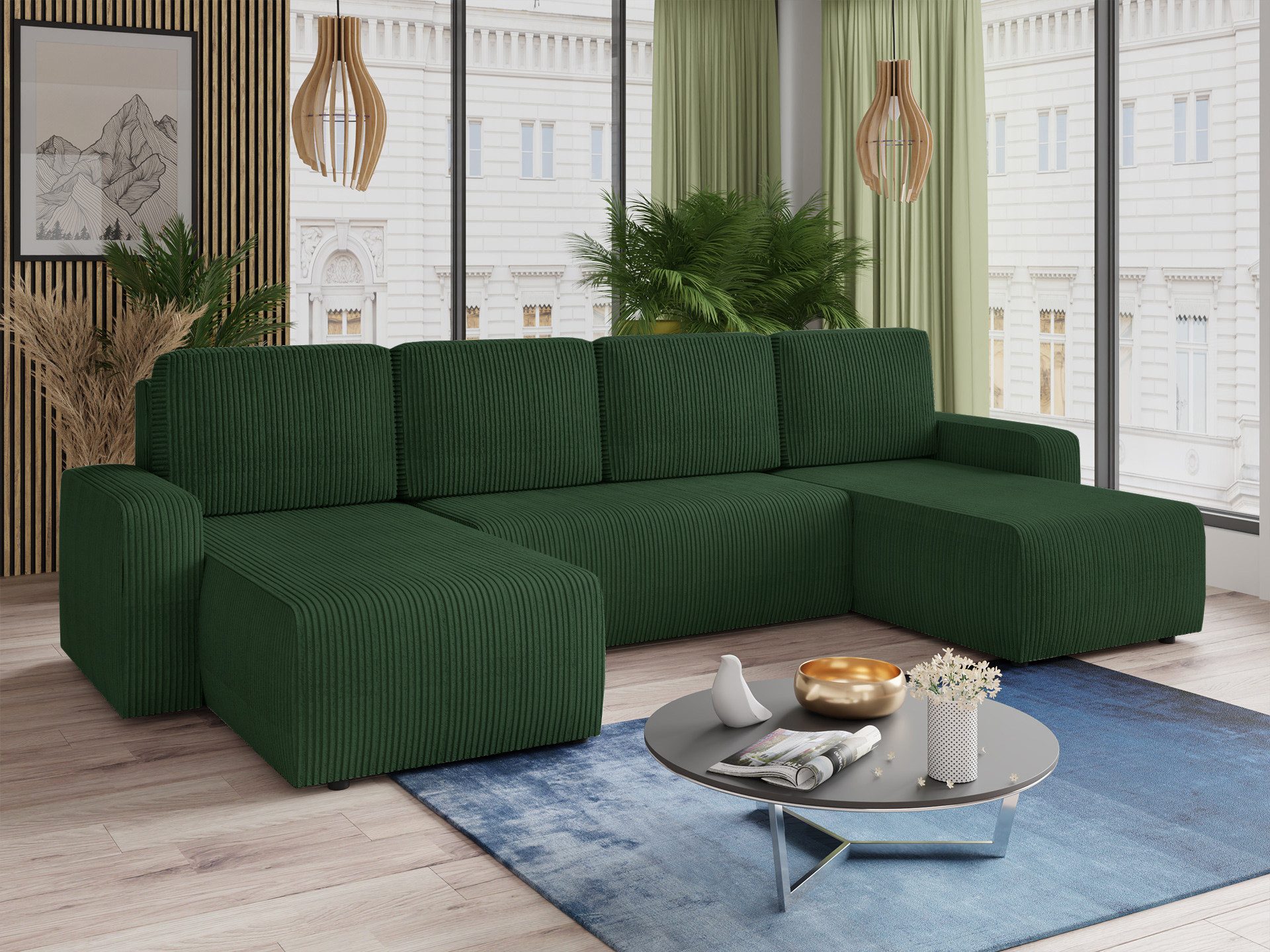 Sofnet Wohnlandschaft Roma U, mit Schlaffunktion und Bettkasten, U-Form Couch, Cord Stoff, Schlafsofa mit Wellenfeder, Sofa U-form