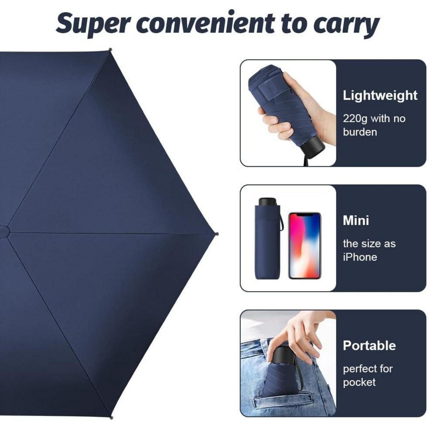 LuxusKollektion Taschenregenschirm Taschenschirm Mini 6 Edelstahl Rippen UV Faltbar Klein Dunkelblau