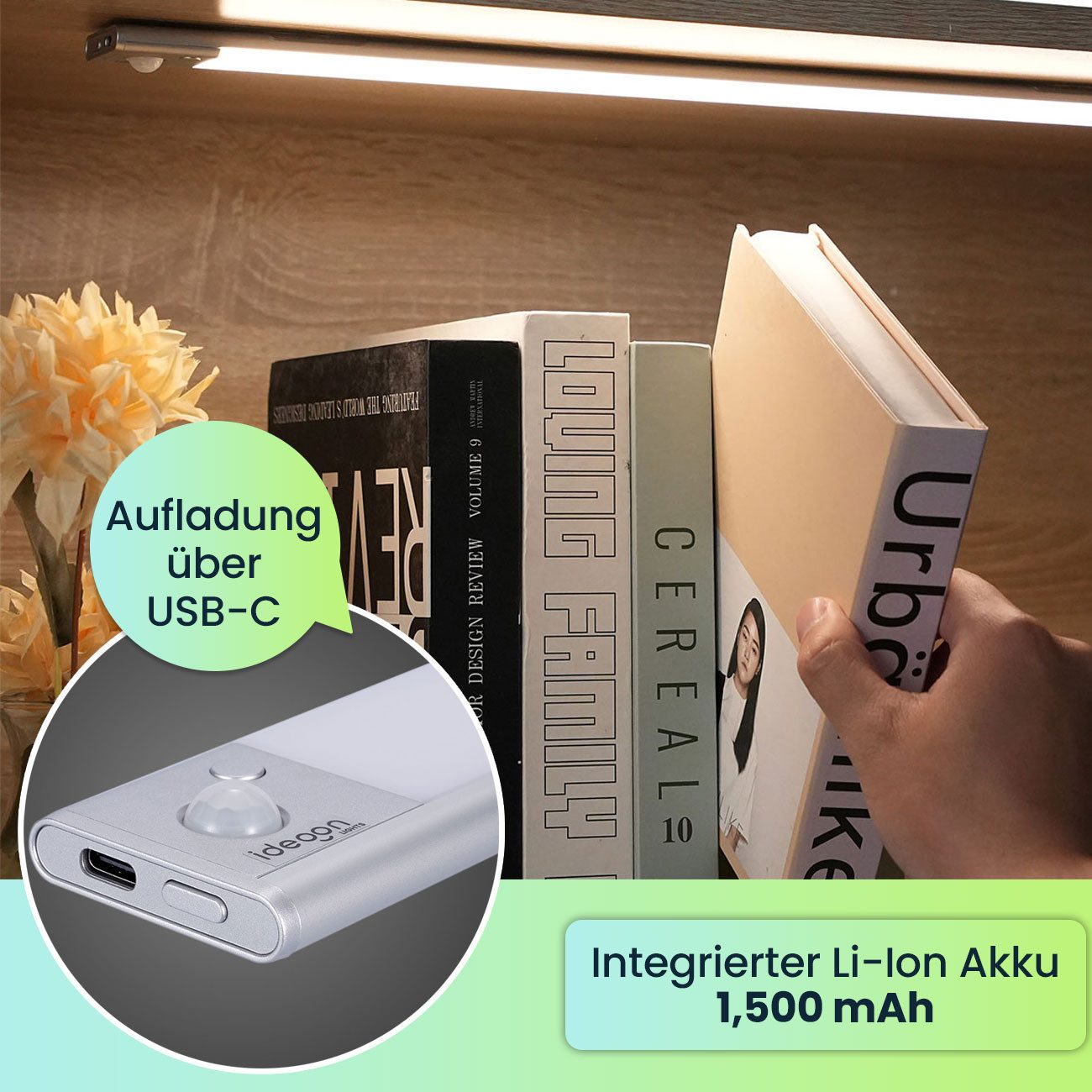 shop'n smile ideoon LED Lichtleiste Flache Akku Lichtleiste, 40cm mit Bewegungssensor, 120 LEDs, LED, Schaltet sich automatisch ein/aus, 120 LEDs, wählbaren Lichtfarben