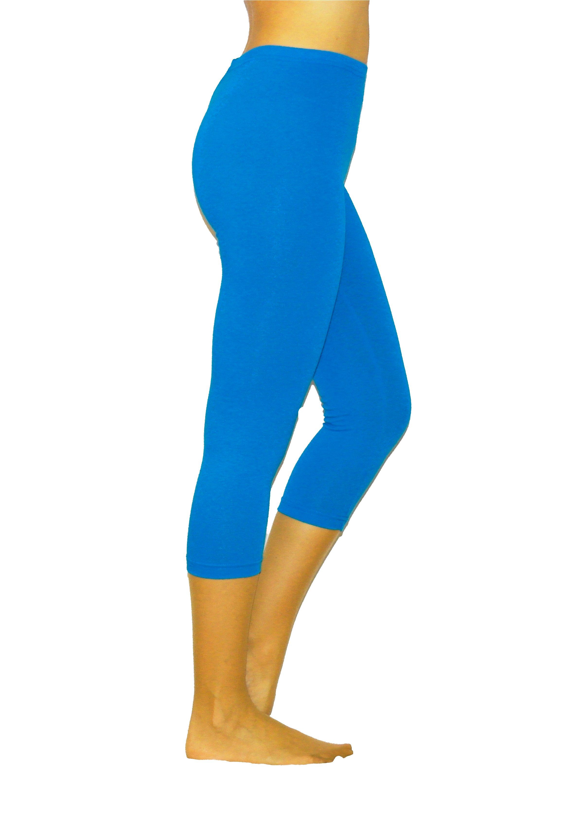 Caprihose Damen 3/4 Capri Leggings Baumwolle BLAU L