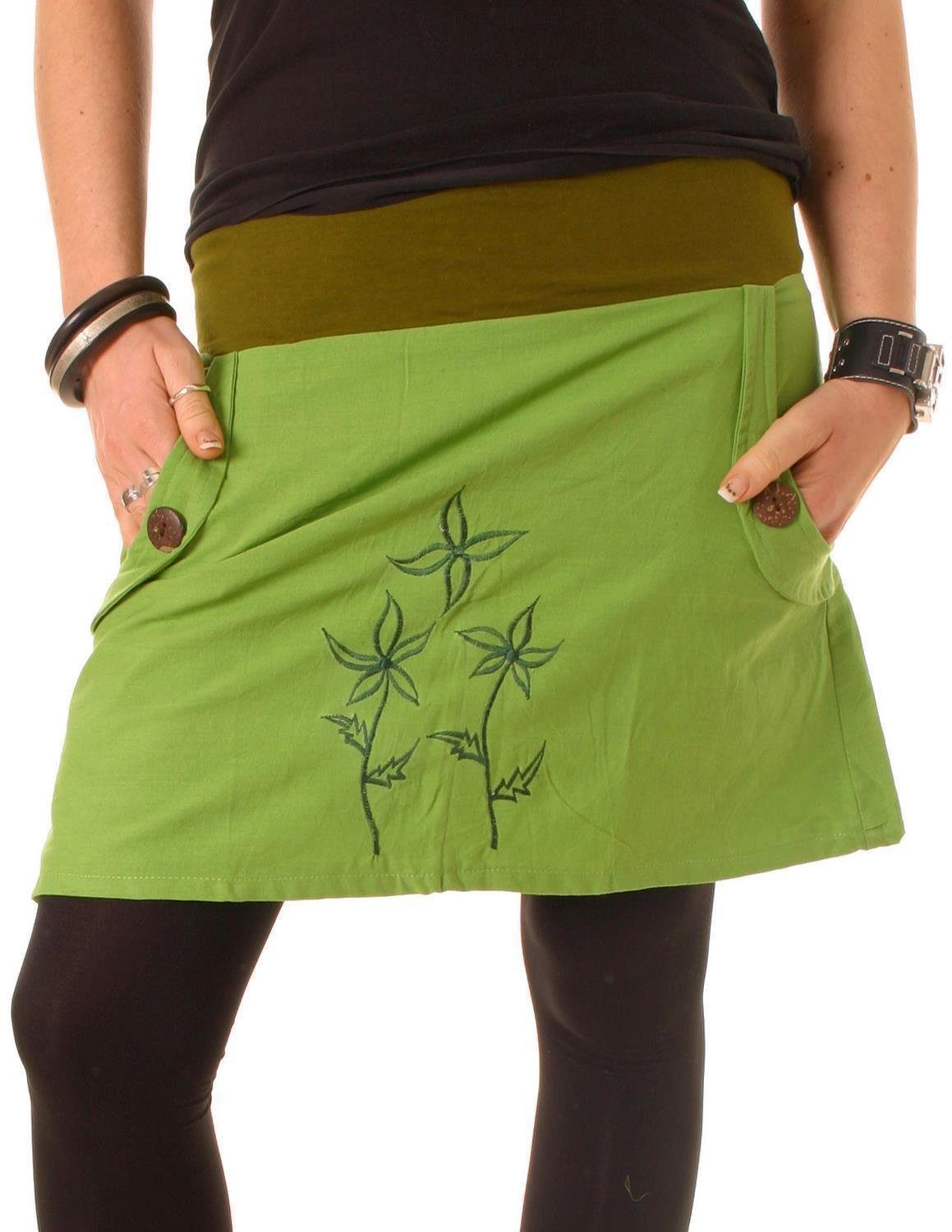 Blumen Hippie, Minirock Boho, Vishes Goa Style Bund Baumwollrock Olivegrün-Lindgrün Stickerei breiter Taschen