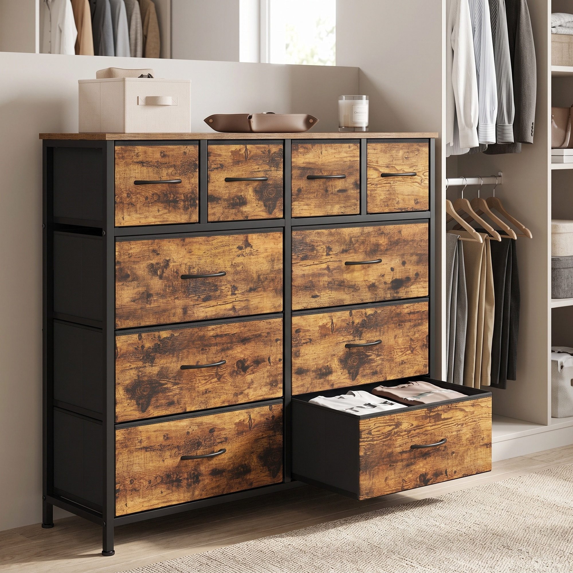 SONGMICS Kommode mit Stoffschubladen, für Schlafzimmer, Wohnzimmer, Flur, Aufbewahrungsschrank mit 10 Schubladen, 98,7 x 30 x 96,2 cm
