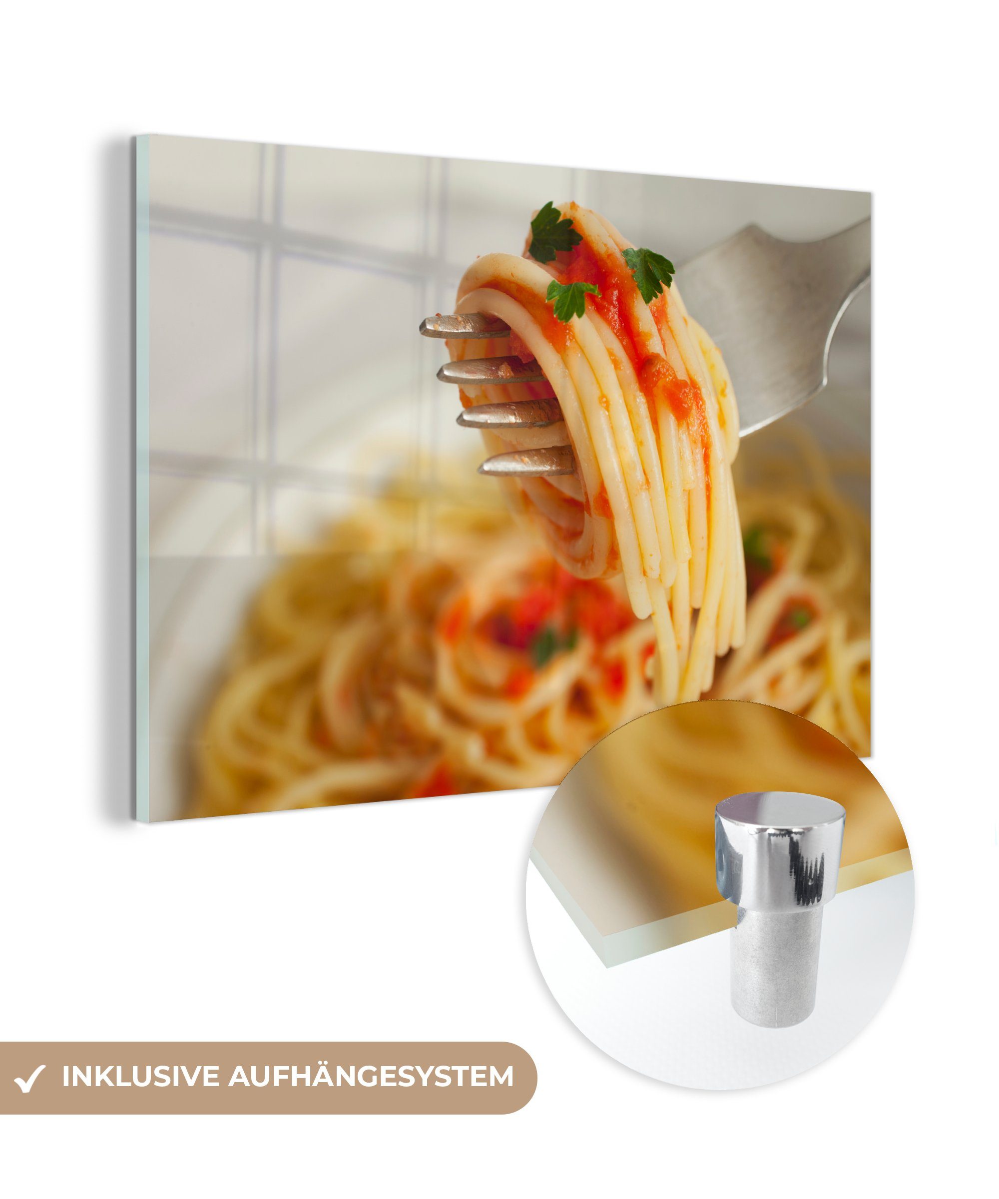 MuchoWow Acrylglasbild Spaghetti um eine Gabel, (1 St), Acrylglasbilder Wohnzimmer & Schlafzimmer