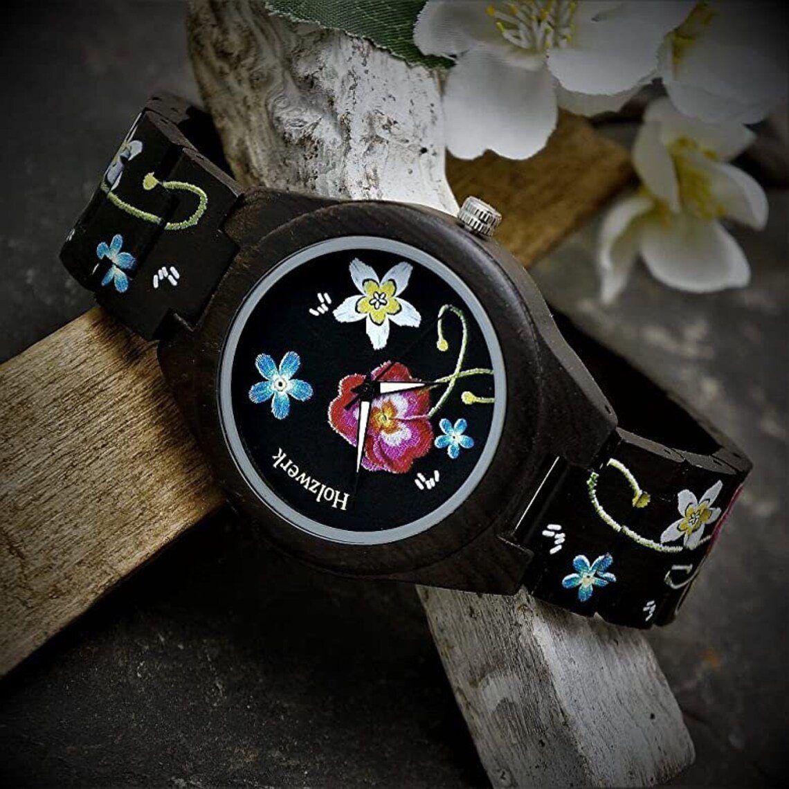 Armband mit bunt Muster Uhr Quarzuhr Blumen schwarz, in FLOWER Holz Holzwerk Damen