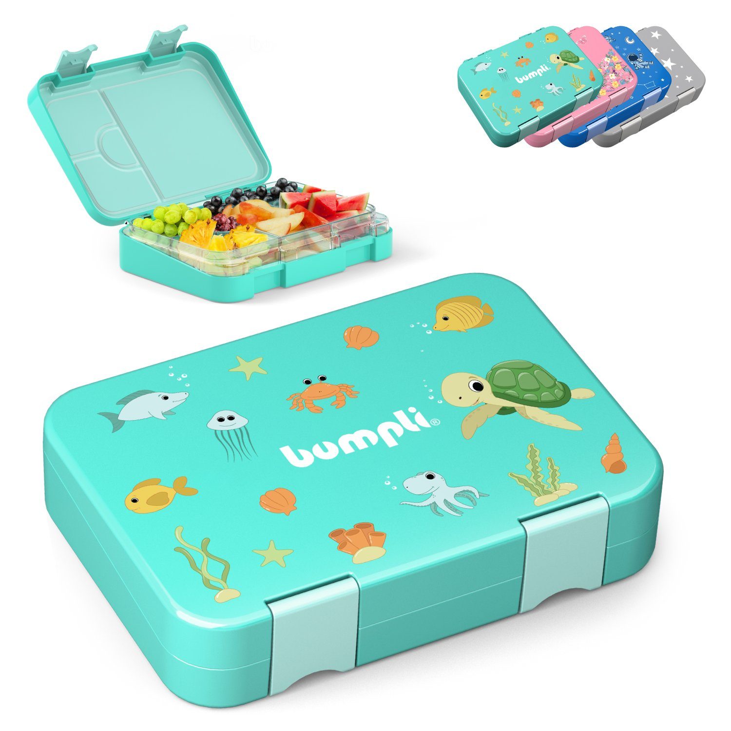 bumpli® Lunchbox 6 Fächer Kinder Brotdose Mit Motiven (6 Fächer) Brotbüchse, Vesperdose, Auslaufsicher & Kinderfreundliche Verriegelung Mint