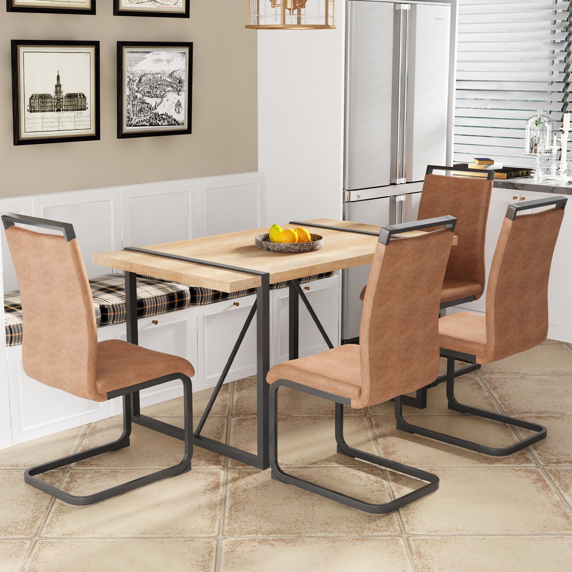 Esstisch Mit 4 Stühlen Set 117cm - Weiße Marmoroptik Mit Samtstühlen