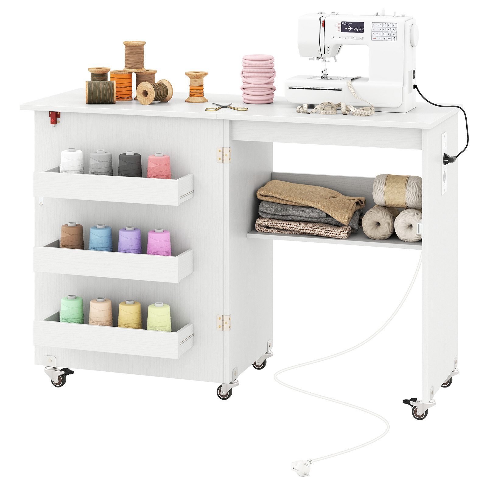 COSTWAY Schreibtisch, 2 in 1 Nähtisch klappbar mit Ladestation, Rollen