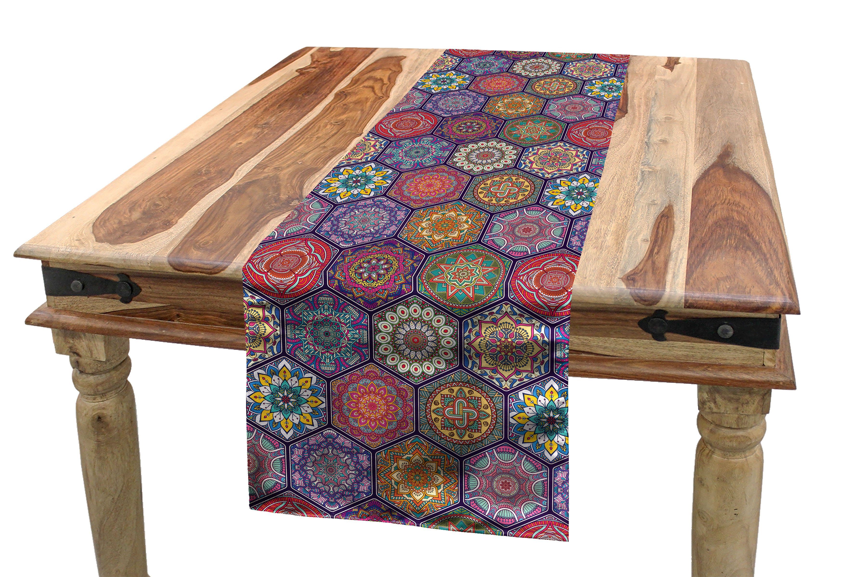 Esszimmer Tischläufer, Küche Abakuhaus Mandala Rechteckiger Tischläufer Motiv Dekorativer Oriental Hexagon