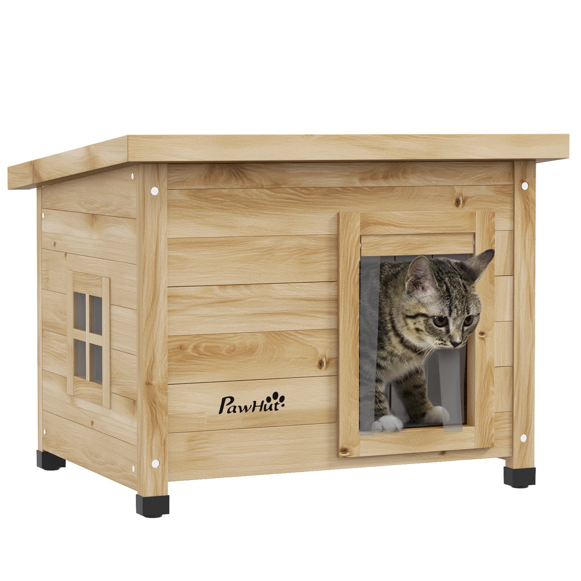 PawHut Tierhöhle Katzenhaus aus Holz, Katzenhütte Outdoor, Katzenhöhle mit Türvorhang, für Garten, Balkon, Gelb, 57 x 45 x 43 cm