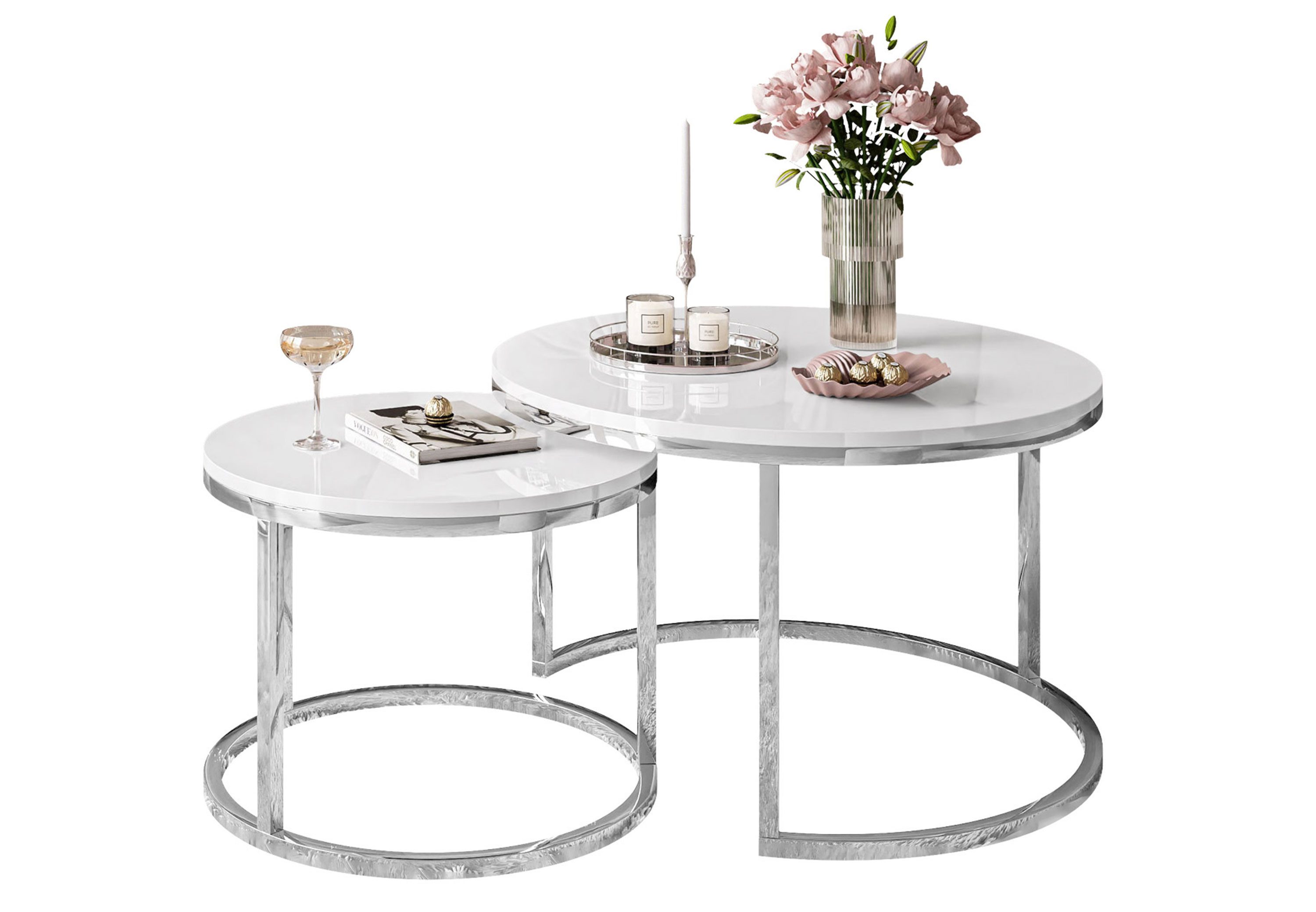 Lookway Couchtisch CIRI 2in1 Hochglanz Chrom Gestell Runder Tisch (2er Set) günstig online kaufen