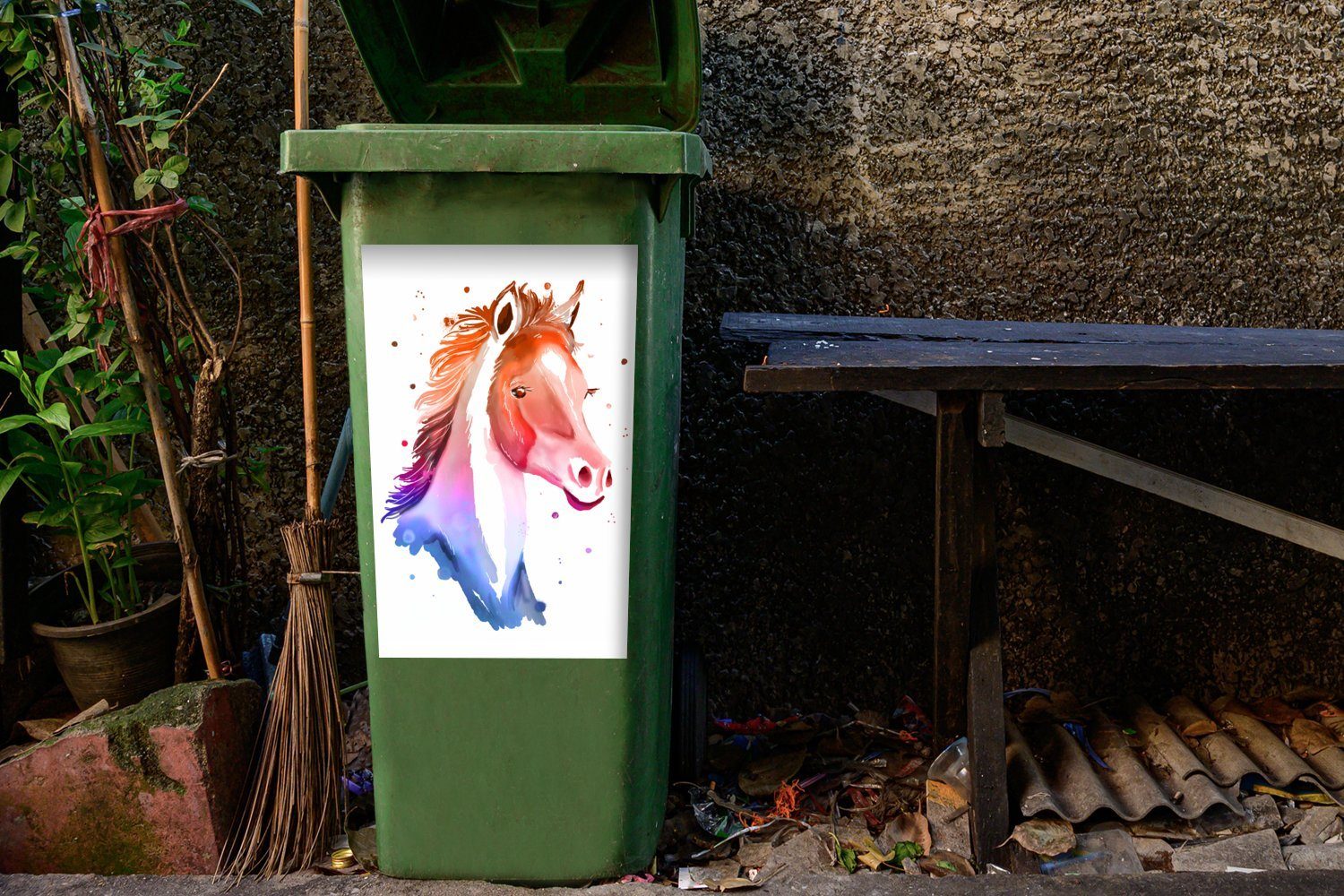 Mädchen Pferd - - Container, St), Abfalbehälter Mädchen Rot Mülleimer-aufkleber, Wandsticker (1 - - Sticker, MuchoWow Rosa Mülltonne, Kinder -