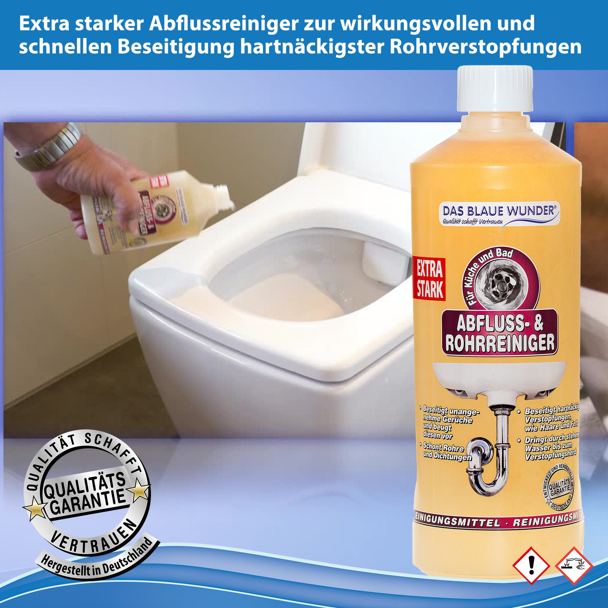 Das Blaue Wunder® Abfluss- & Rohrreiniger Extra starker Rohrreiniger (für Spülbecken, Toilette, Dusche / löst Speisereste, Öle, Haare & Fette, [- Rohrreiniger für Spülbecken, Waschbecken, Dusche, Siphon)
