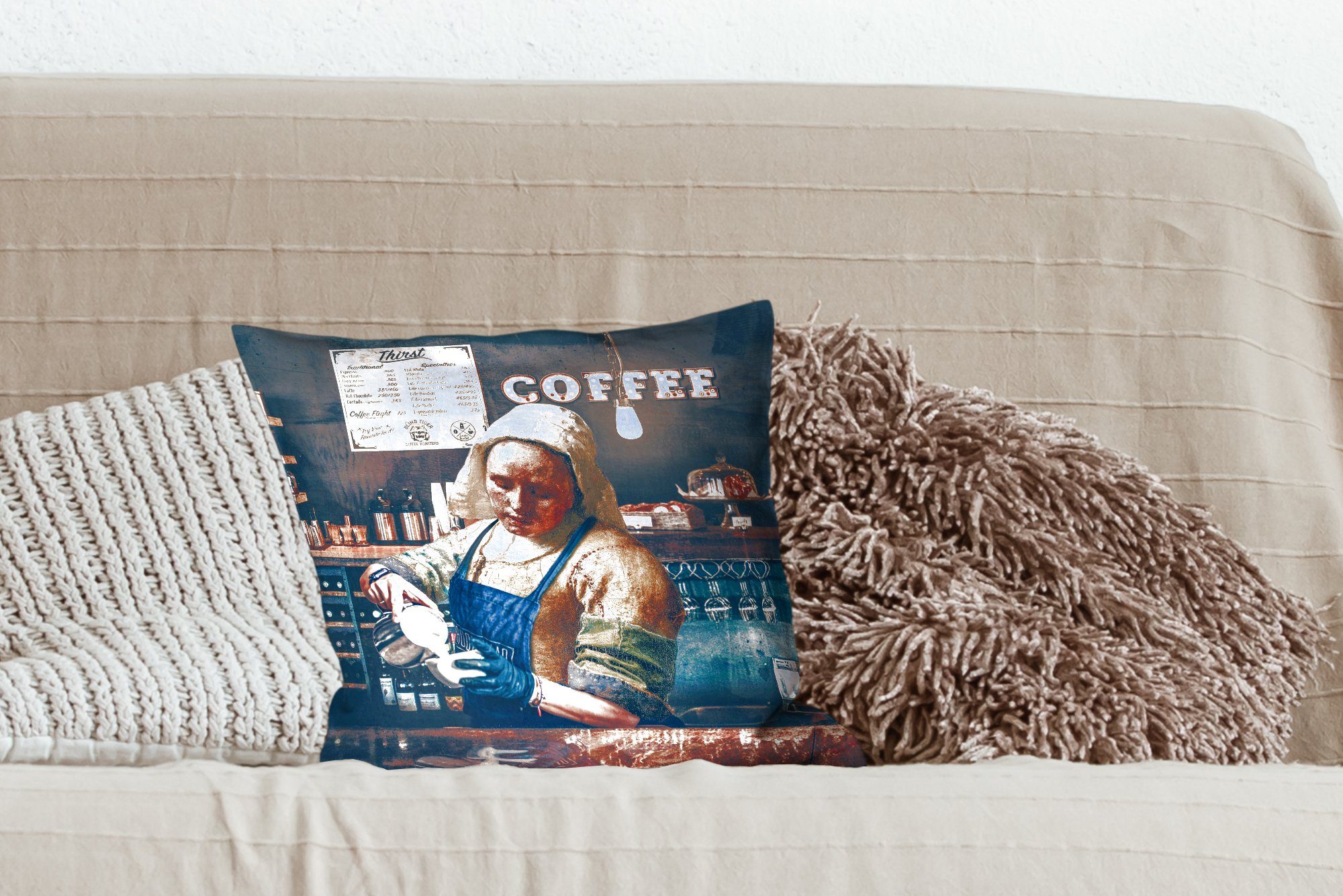 Sofakissen Füllung Kunst Kaffee Milchmädchen mit Cappuccino Schlafzimmer, Deko, Zierkissen - - Dekokissen Vermeer - Wohzimmer, MuchoWow _, Barista - für -