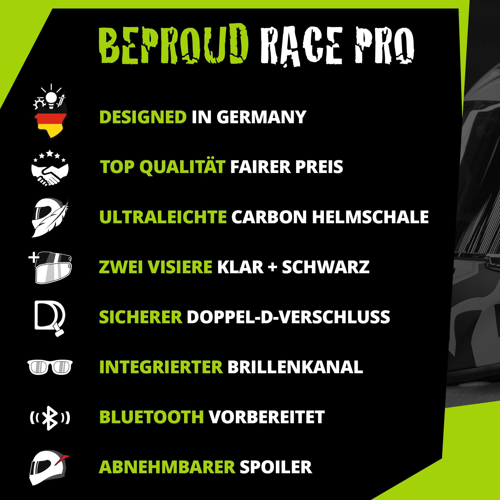 Broken Head Motorradhelm BeProud Race Pro Carbon Red (Mit schwarzem Visier), Mit Spoiler