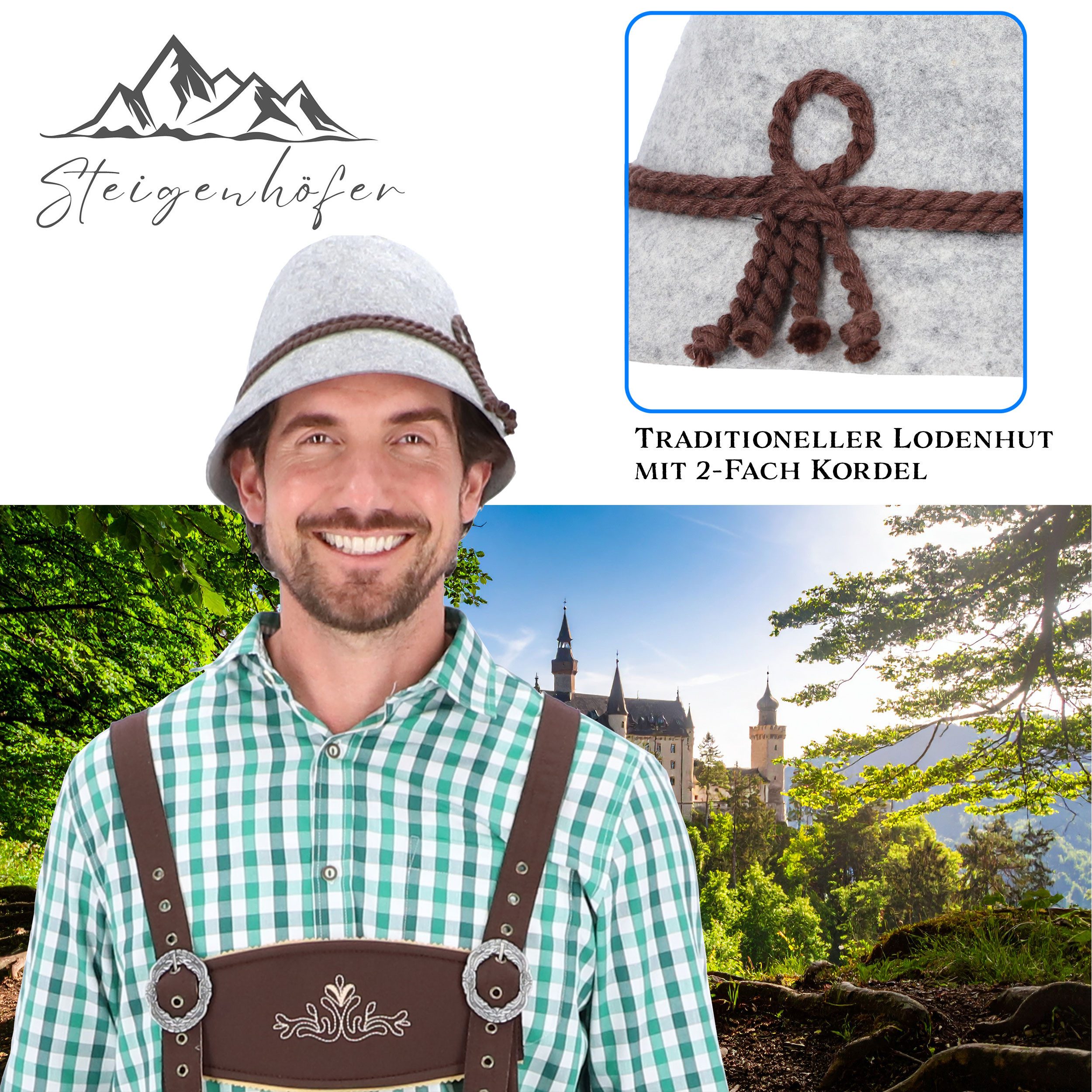 Steigenhöfer Manufaktur Trachtenhut Herren Heinrich - bayrischer Wanderhut Stopselhut aus 100% Schurwolle Schmale Krempe & Kordel - 2-Fach Kordel - Ideal fürs Oktoberfest