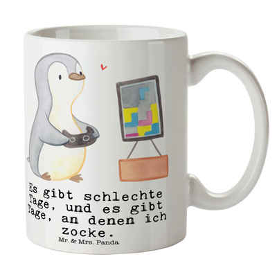 Mr. & Mrs. Panda Tasse Pinguin Zocken - Weiß - Geschenk, Schenken, Teebecher, Kaffeebecher, Keramik, Exklusive Motive