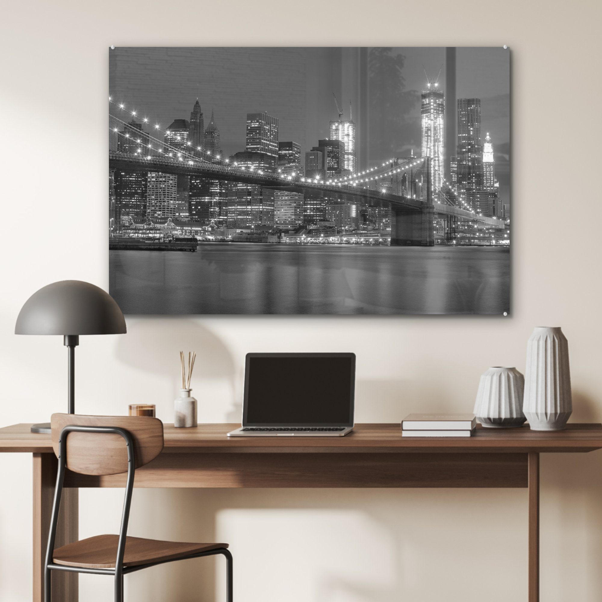 MuchoWow Acrylglasbild Brooklyn-Brücke - Wohnzimmer Weiß Schwarz - & Acrylglasbilder - (1 Licht, Schlafzimmer St)