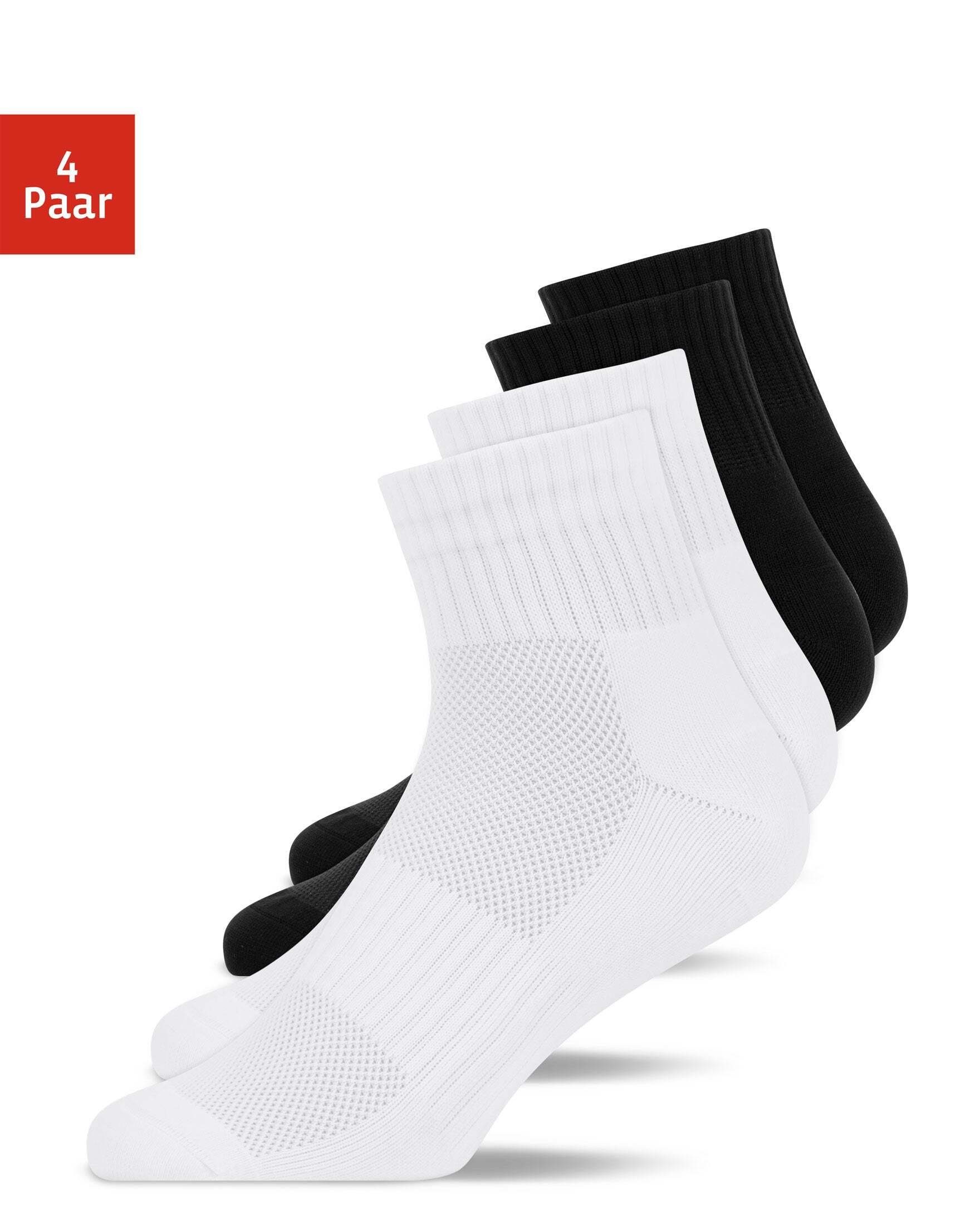 SNOCKS Laufsocken Halbhohe Laufsocken Herren & Damen Running Socken (4-Paar) mit Fersenlasche und atmungsaktiv durch Mesh Schwarz-Weiß