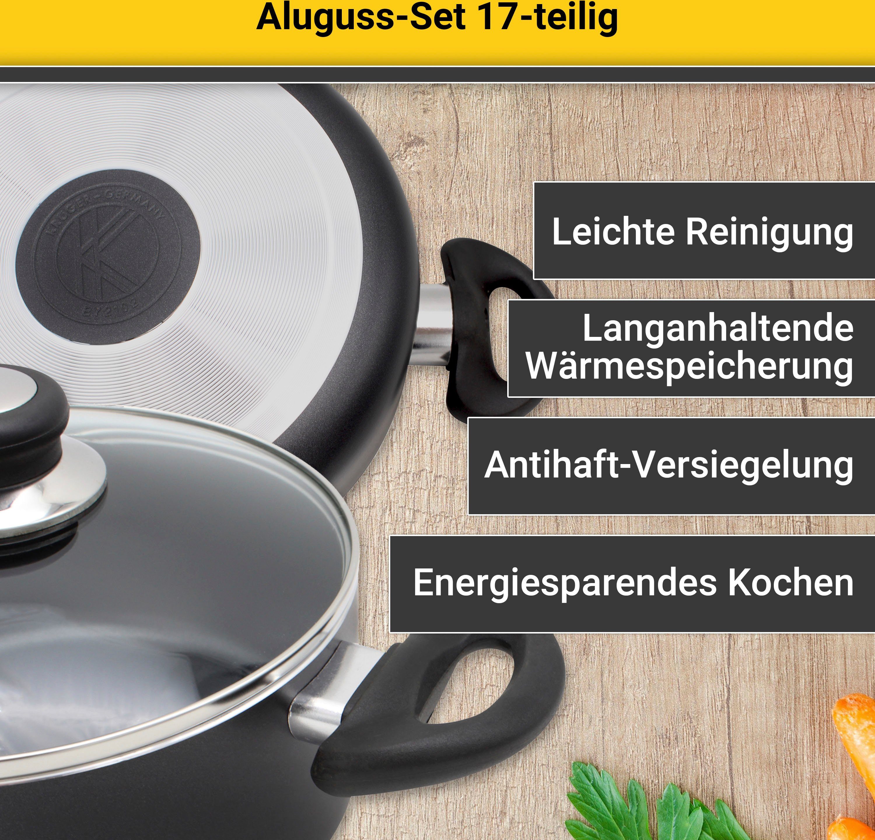 Krüger Topf-Set Aluguss Topf- und Pfannenset inkl. praktischen Küchenhelfern, 17 tlg., Aluminiumguss (Set, 17-tlg., Fleischtopf 16/18/20/24cm, Stieltopf 16cm Steakpfanne 7 T.Küchenhelfer), inkl. 7-tlg. Küchenhelfer-Set