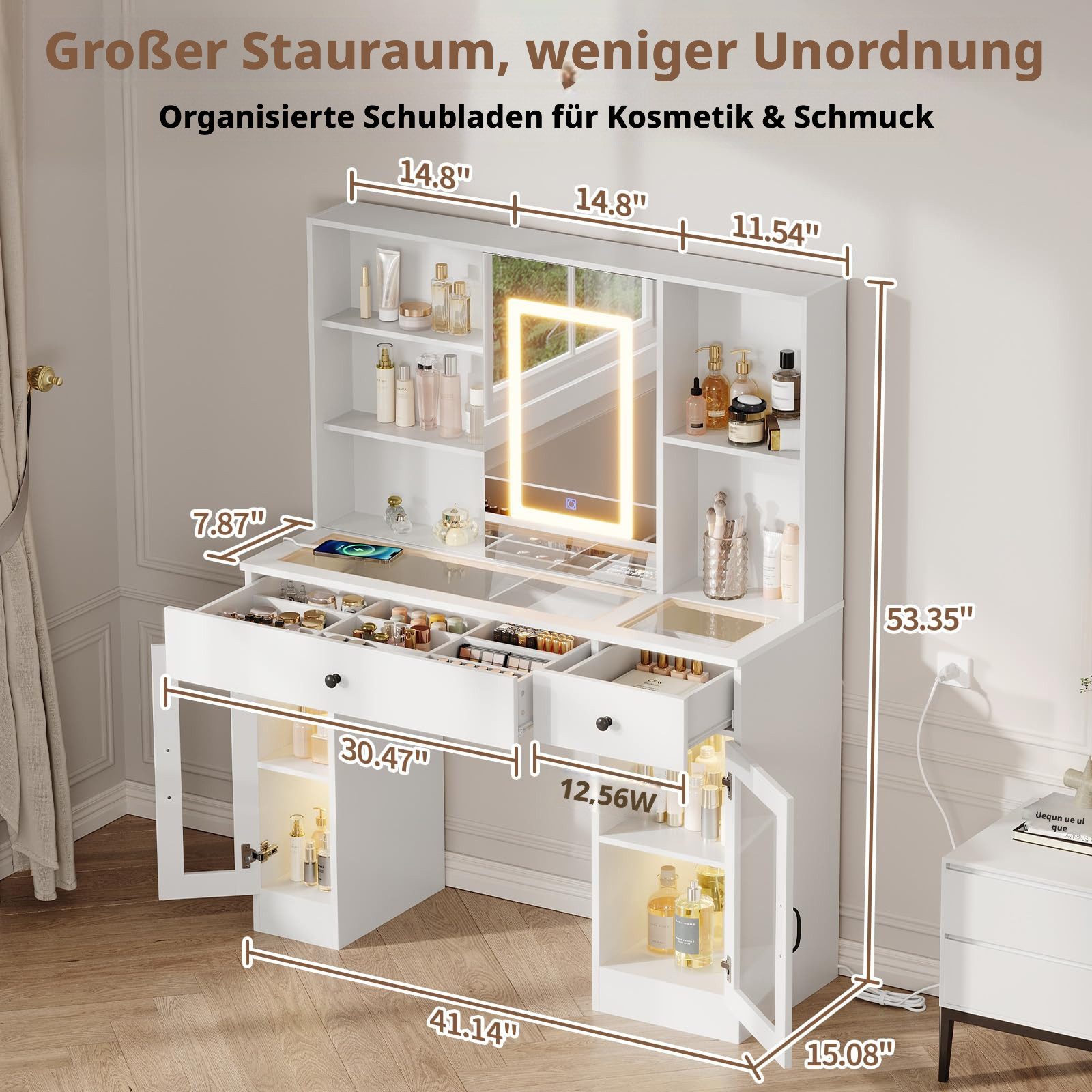 GarveeMore Schminktisch mit Schiebespiegel & Glasplatte & Glastürchen, 3-farbiges LED Licht (Weiß/Braun, integrierte Steckdosenleiste), 5 offene Fächer & 2 Schubladen (große mit 9 Fächern) & 2 Schränke