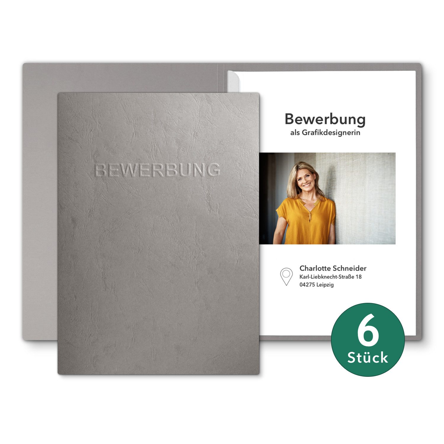 STRATAG Bewerbungsmappe in feinster Lederstruktur - 6 Stück 1-teilig mit 1 Klemmschiene (Set, 6-St., mit hochwertiger Relief-Prägung BEWERBUNG), direkt vom Hersteller STRATAG - handgefertigt in Deutschland