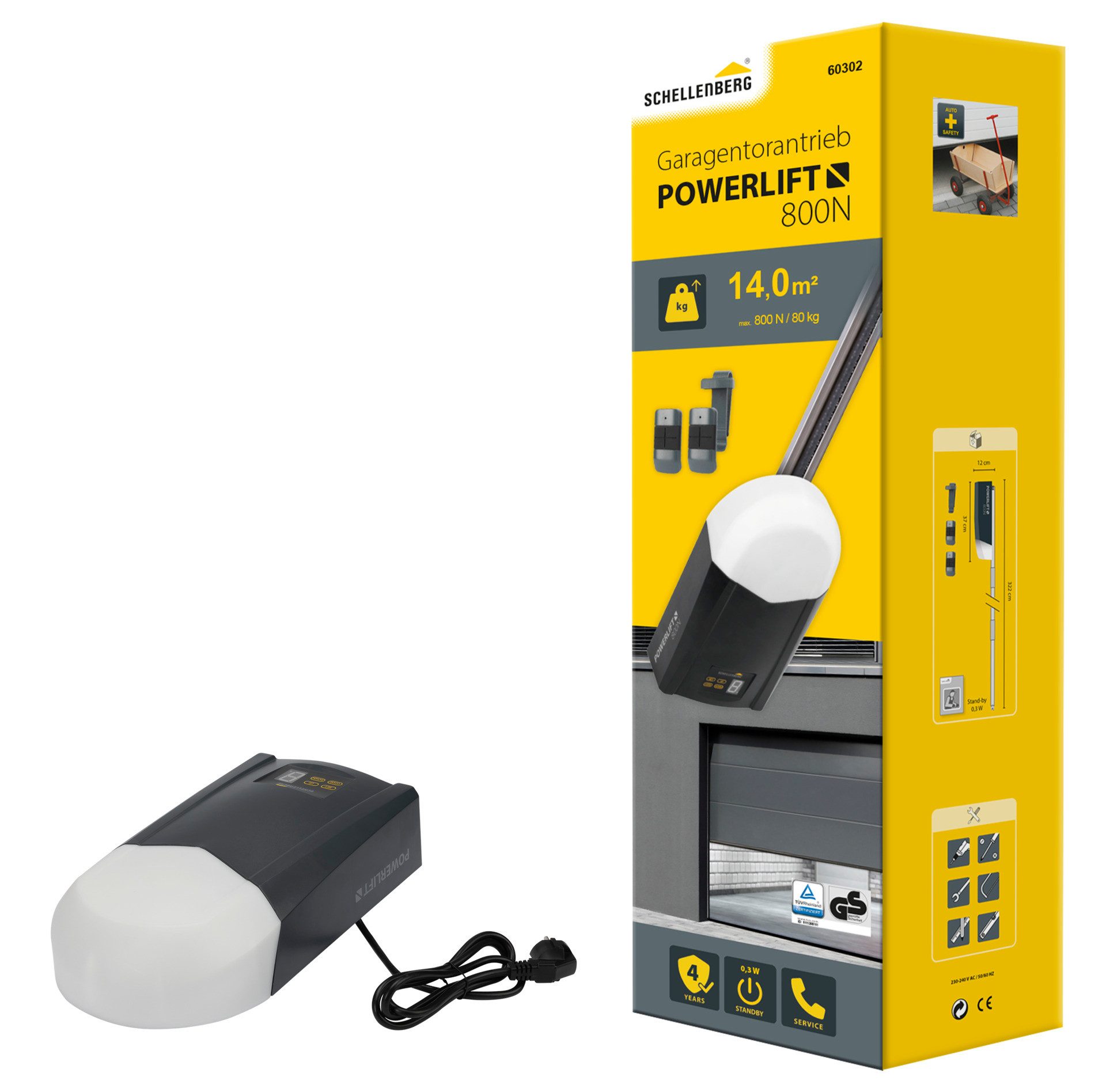 SCHELLENBERG Garagentorantrieb Powerlift 800 N, max. Torfläche 14 m², Zugkraft 800 N, inkl. 2x 4-Kanal Handsender und Sonnenblendenclip