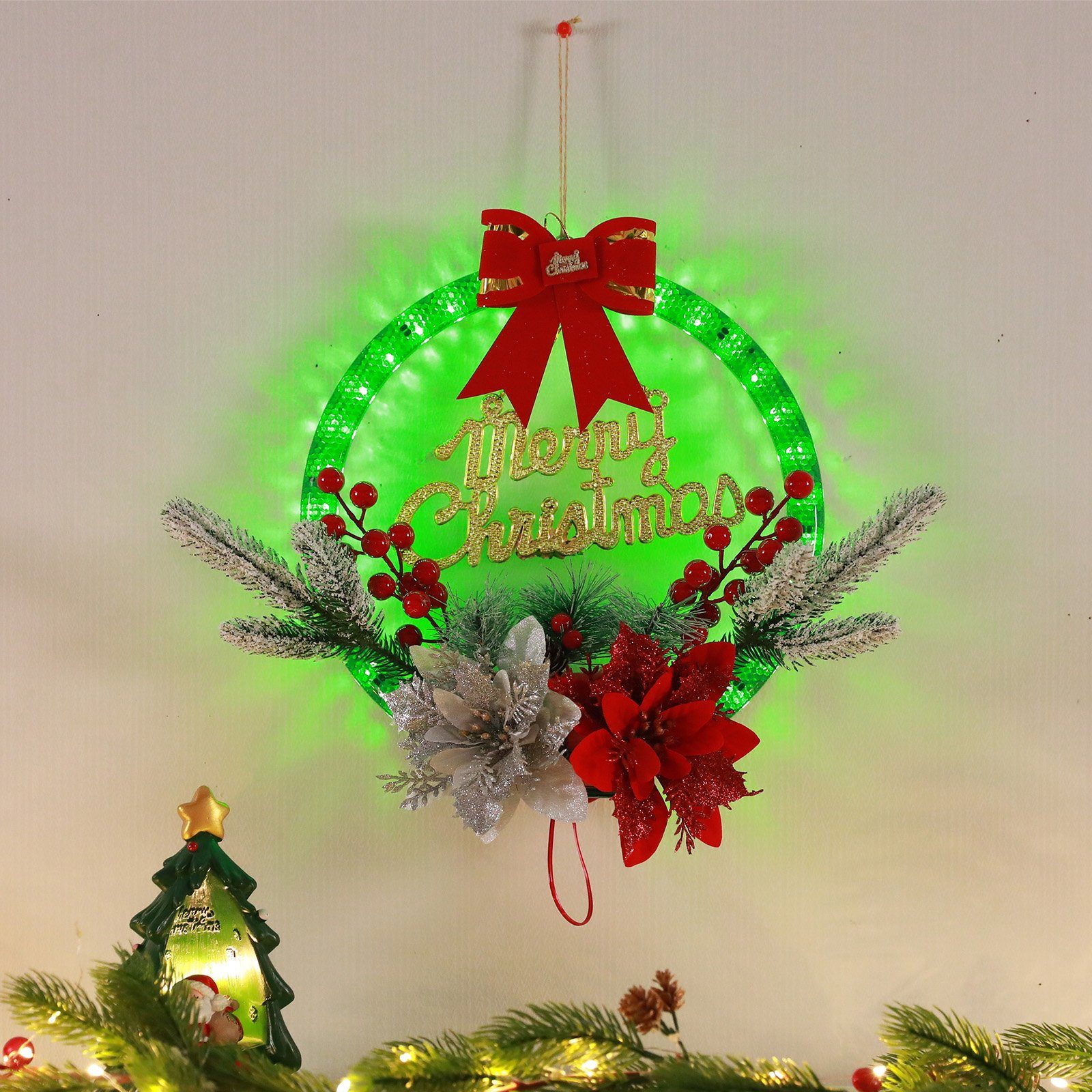 MUPOO LED Dekoobjekt Weihnachtskranz Kunstkranz Türkranz,LED-Lichterkette,Girlande,Batterie, Dekoobjekt, Gold-Rot, die für 28 cm Haustür,Tannenzapfen,Girlanden dekorierte