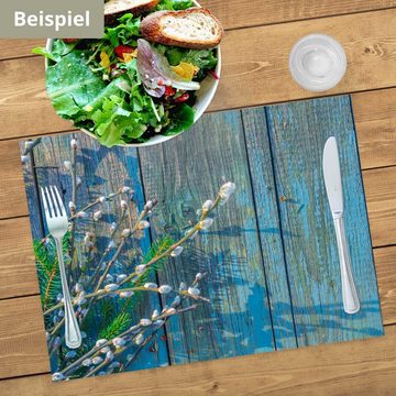 Platzset, Tischset Frühling, Ostern & Blumen - Weidenkätzchen auf Holz, Tischsetmacher, (aus Naturpapier in Aufbewahrungsmappe für tolles Ambiente, 12-St., 44 x 32 cm / blau), Tischdeko Made in Germany