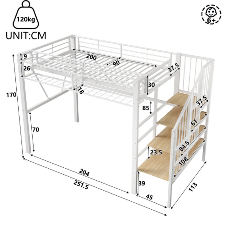 Ulife Hochbett Metallbett, Ablage mit Stufen, Gitterelemente, Aufbewahrungskorb (2-St) offener Stauraum unter dem Bett, mit LED-Lichtleiste
