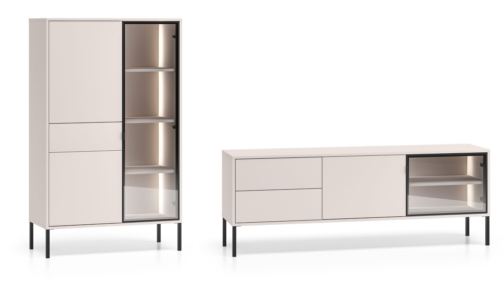 Feldmann-Wohnen Wohnwand Barnee, (mit Türen, mit Schubladen, mit Glaseinsatz, mit Beleuchtung, 1-St., moderne Optik, 2-teilig, mit Beleuchtung), 2-teilig mit Beleuchtung Kaschmir