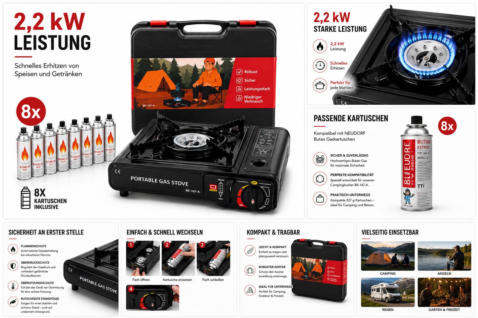 Ertex Gaskocher Campingkocher Gasherd portabel Campingherd mit Koffer & Gaskartuschen