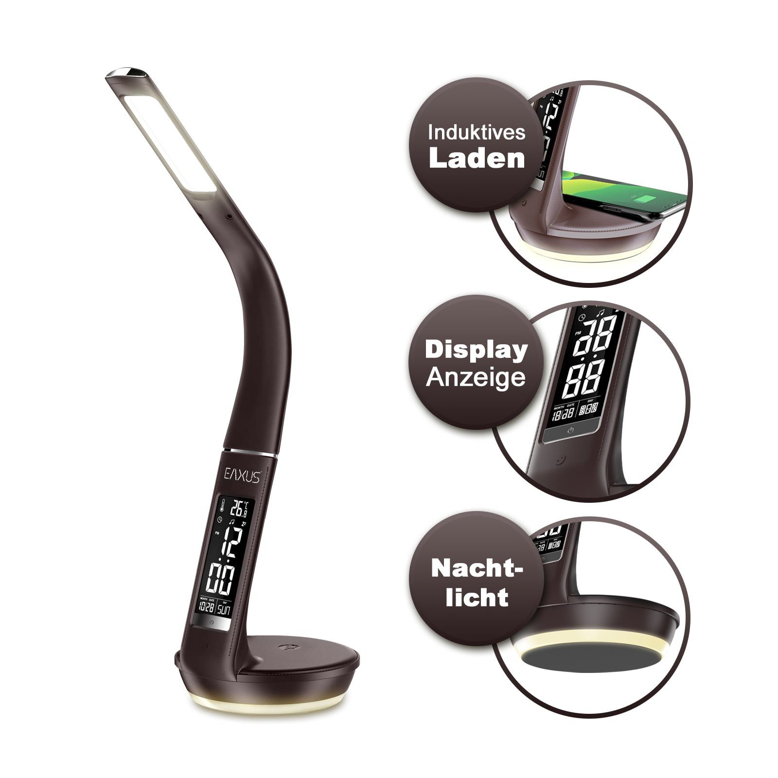 EAXUS LED Schreibtischlampe Tischleuchte mit Display und Induktionsladefunktion, Energieffizienzklasse C, LED fest integriert, 4000/2500 Kelvin, Display mit Datum, Uhrzeit, Temperatur