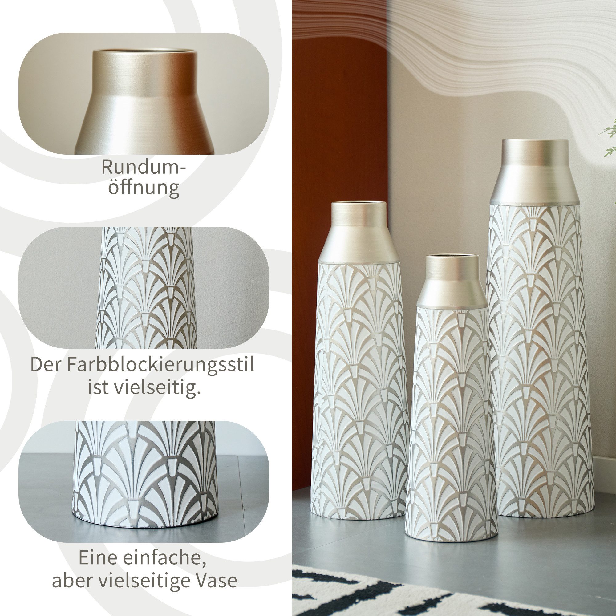 KLAM HOME Bodenvase Große Bodenvase 3er Set aus Metall, (50/65/83 cm), Mid-Century Modern (Dekovase Boden bis zur Decke reichende Vase, hohe dekorative Vase), Vintage Deko, Dekorative Vase für Wohnzimmer, Flur und Schlafzimmer