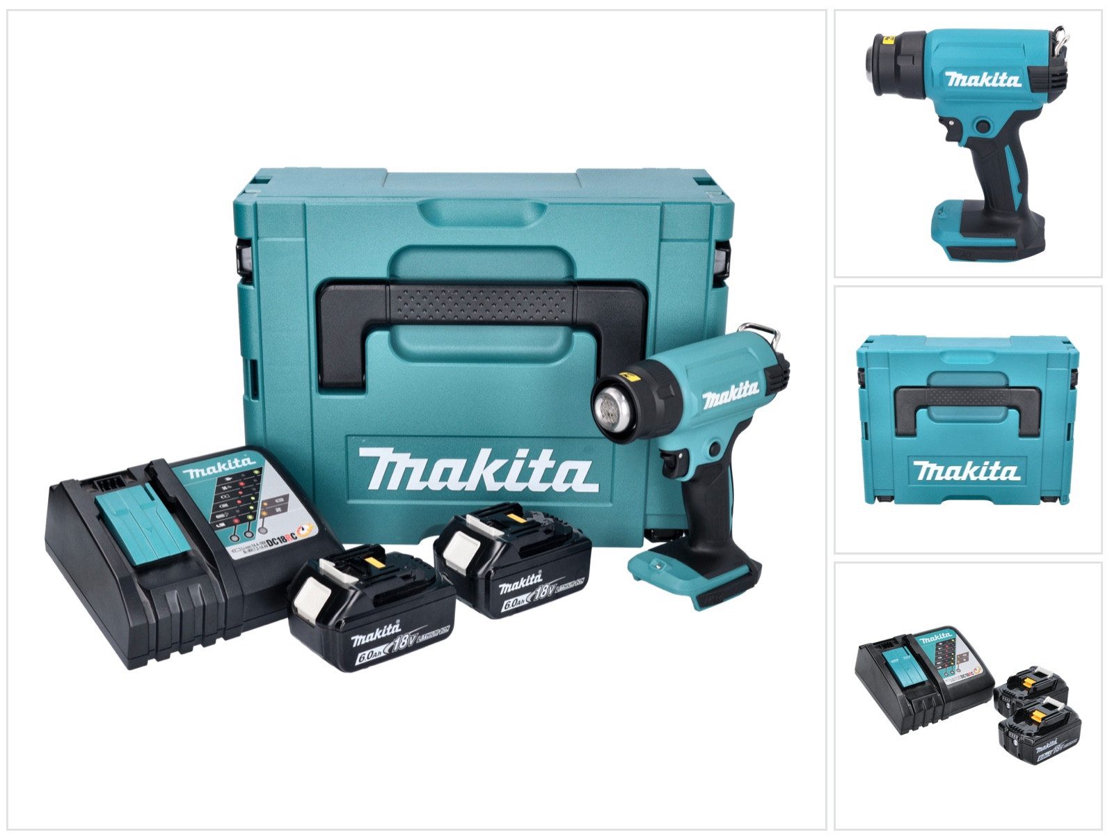 Makita Heißluftgebläse DHG 180 RGJ Akku Heißluftgebläse 18 V 550 °C + 2x Akku 6,0 Ah + Ladeg