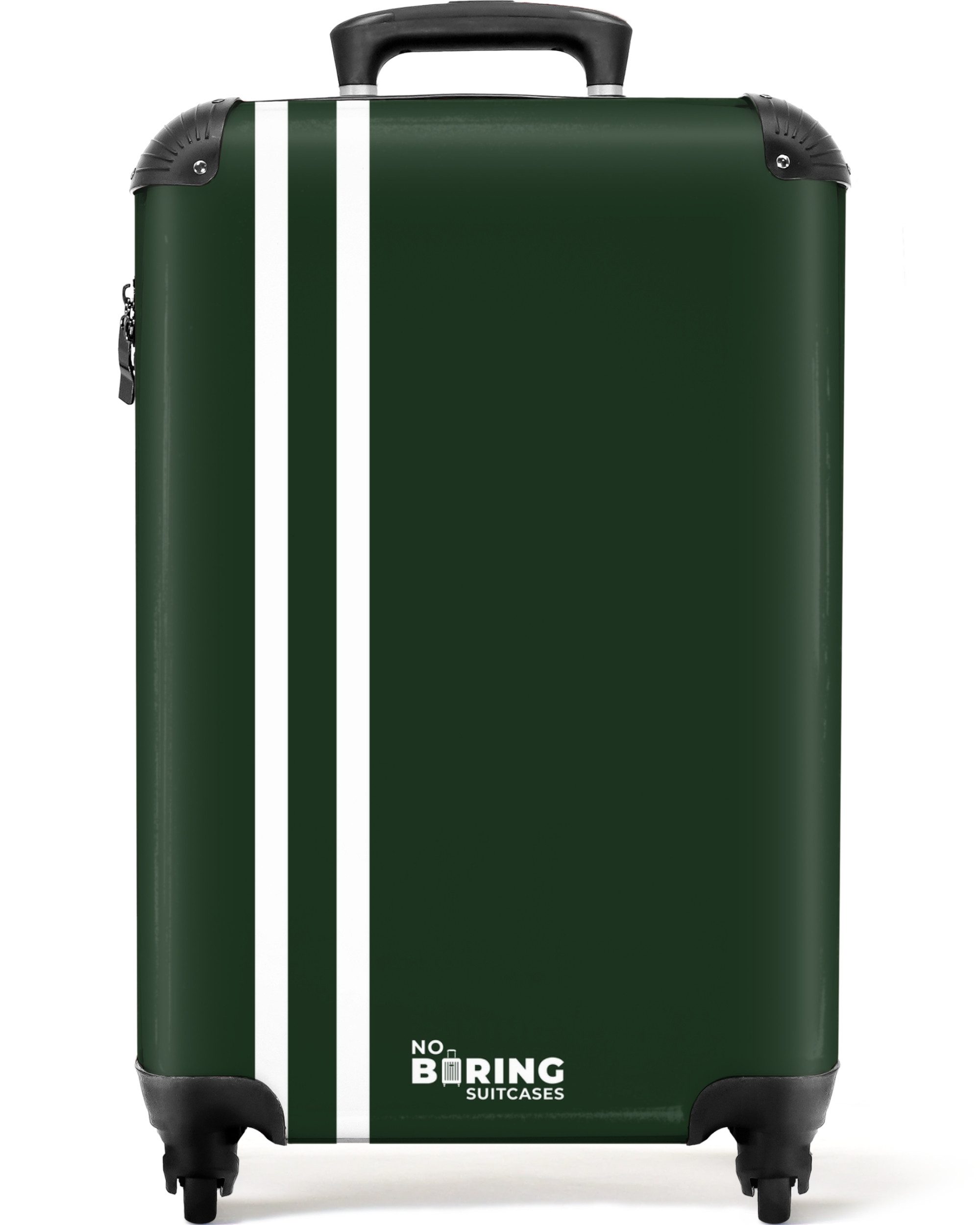 NoBoringSuitcases.com© Hartschalen-Trolley Dunkelgrüner Hintergrund mit doppelten weißen Seitenstreifen auf der l, 4 Rollen, Reisetasche mit Rollen, Koffer Handgepäck Flugzeug