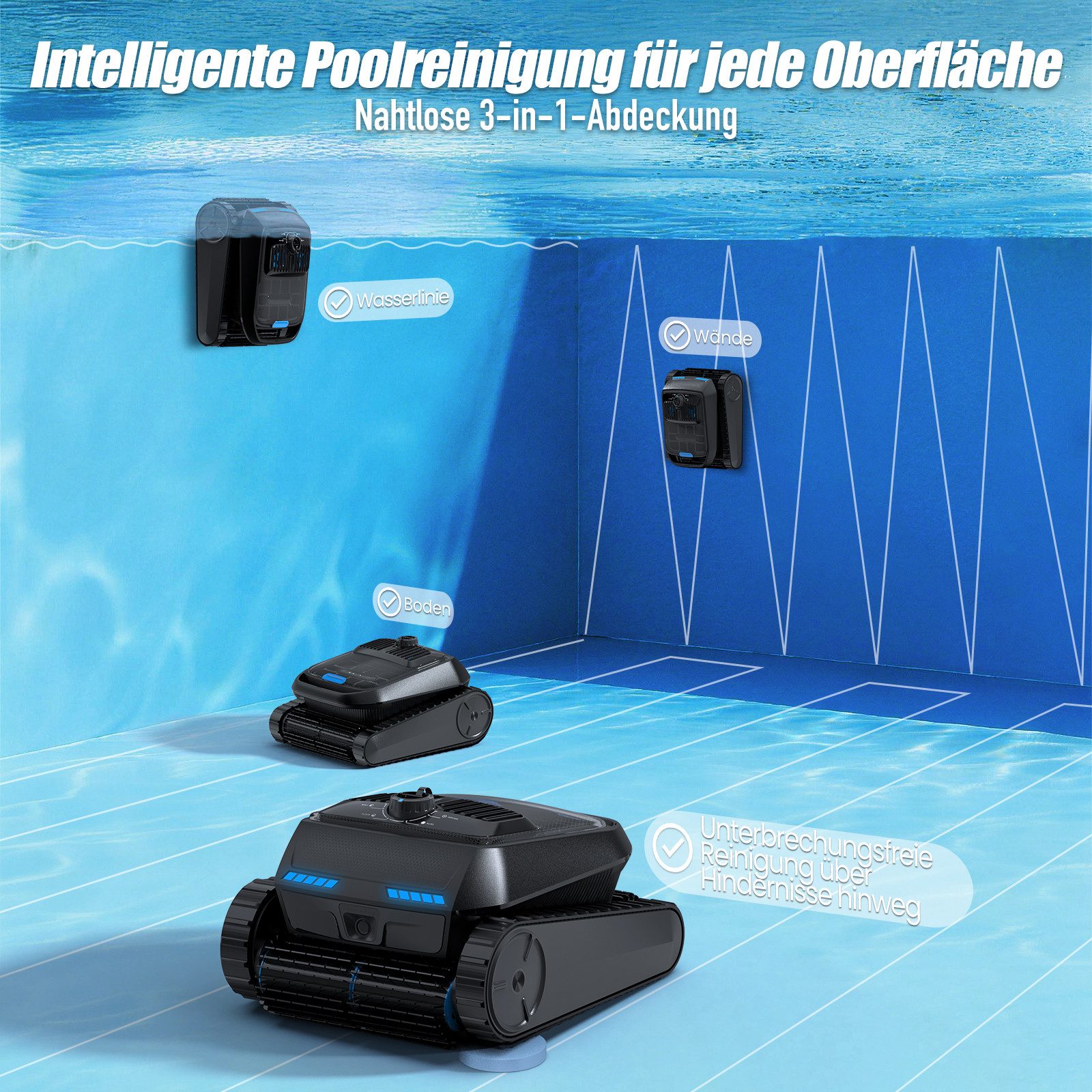 AIRROBO Poolroboter 2026 Upgrade CP400lite Poolroboter Wand & Boden, Wasserlinie, (4 Motoren, 4 Bürstenköpfe, 150 Minuten Akkulaufzeit, schnelles Aufladen, Geei – Bild 3 von 5