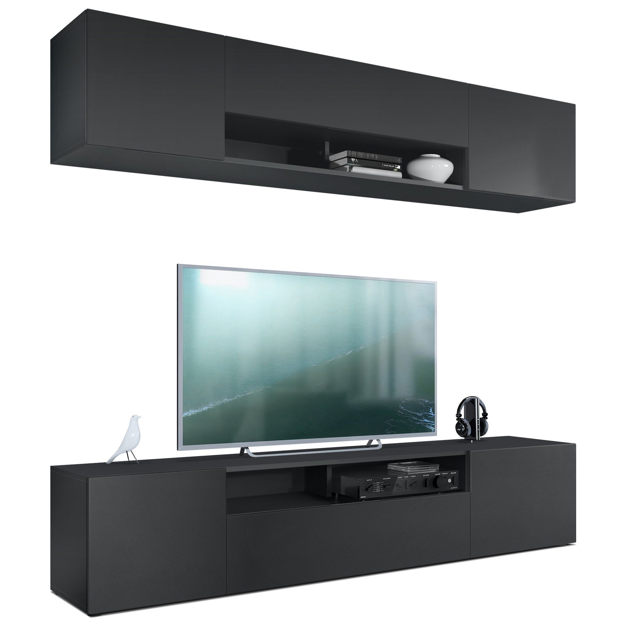 Vladon Wohnwand Mogan, (Anbauwand bestehend aus 2 TV-Boards, mit jeweils 2 Türen, 1 Klappe und 1 offenes Fach), Schwarz matt 2x (181 x 39 x 35 cm)
