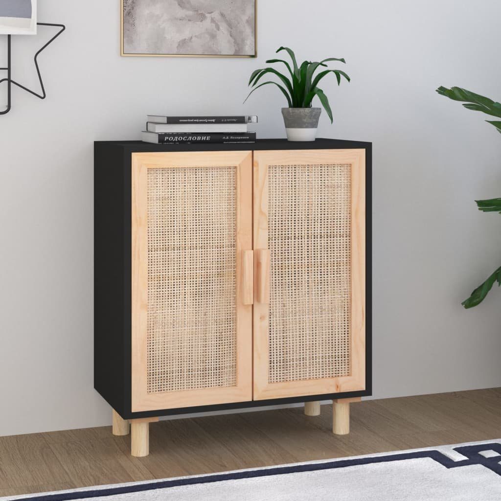 furnicato Sideboard Schwarz 60x30x70cm Massivholz Kiefer und Natur-Rattan