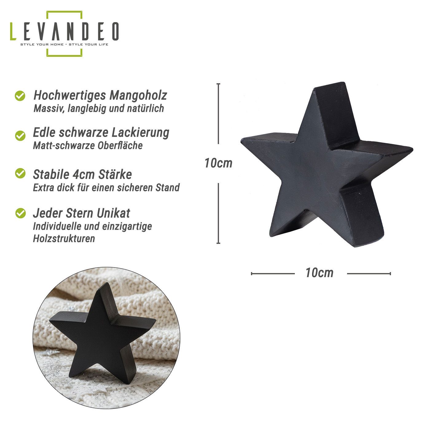 Levandeo® Dekoobjekt, Deko-Stern Holz 10cm Schwarz Mango Deko Tischdeko Mangoholz Holzdeko