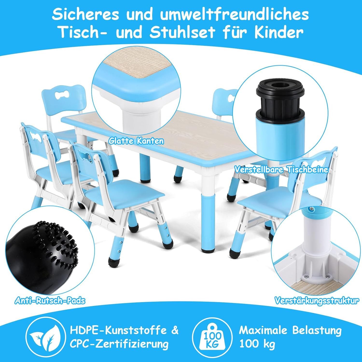 TLGREEN Kindertisch mit 6 Stühlen, Kindertischgruppe Höhenverstellbar, Kinder Tisch Stuhl Set