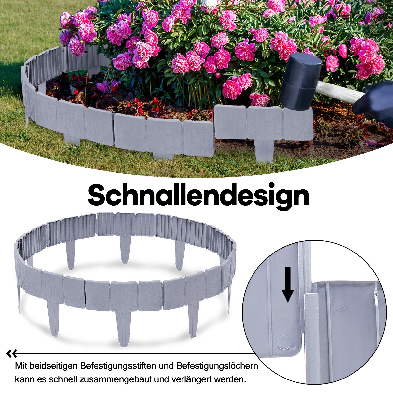 FIVMEN Beetumrandung Rasenkante Kunststoff Steinoptik Palisade aus Polypropylen, Mähkante dekorativ für Garten, 1 Element BxHxT: 25x23x1cm