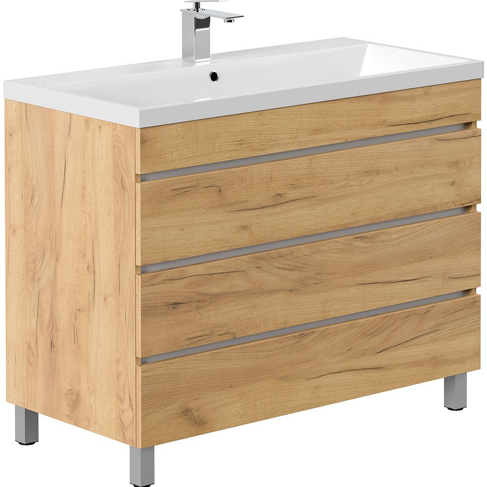 Lomadox Waschtisch FROME-02, 100 cm, stehend, Eiche, mit 3 Schubladen
