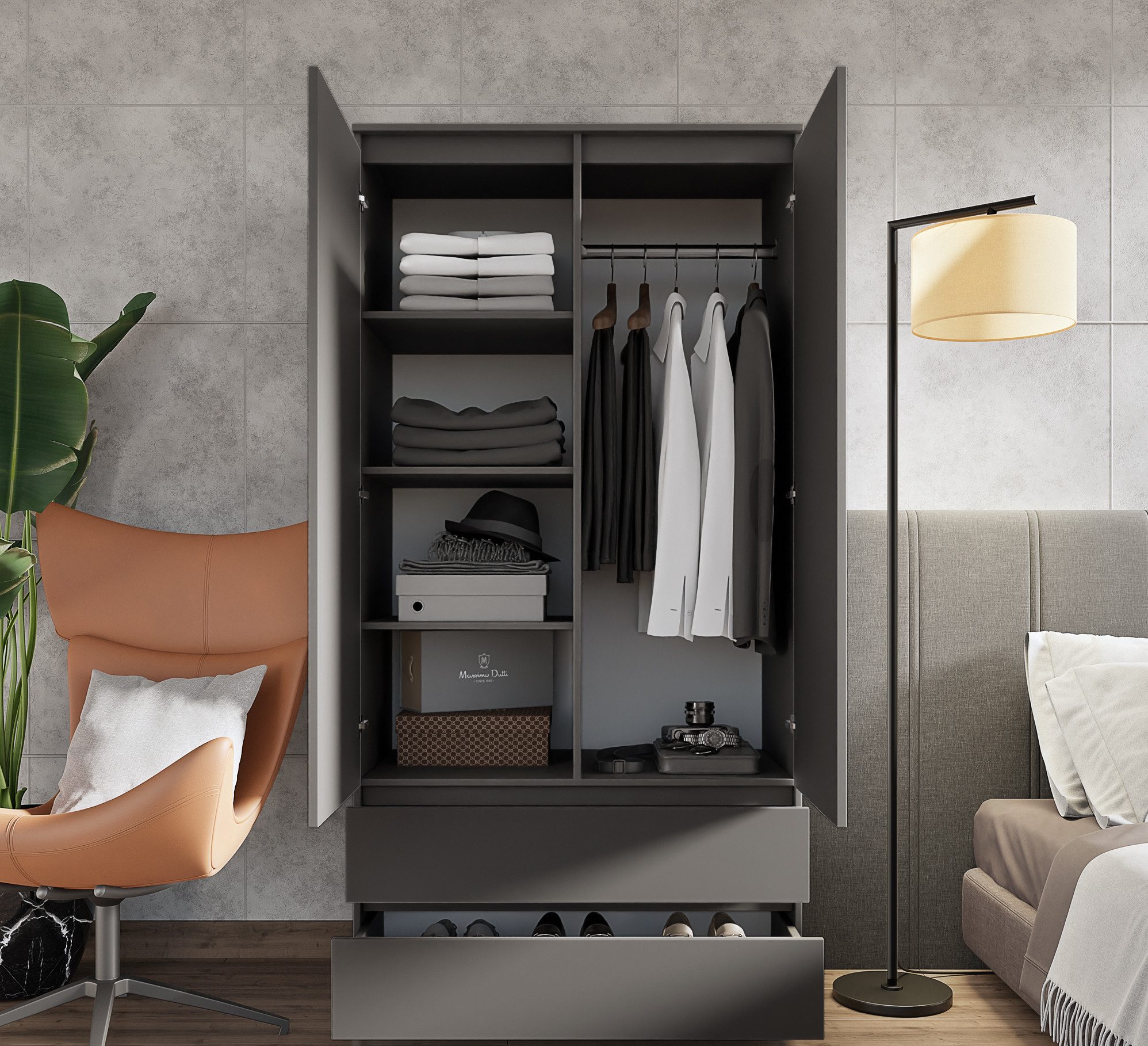 Furnica Kleiderschrank Anthrazit 90 cm mit 2 Türen und 2 Schubladen-Wohn-für das Schlafzimmer – Bild 4 von 5